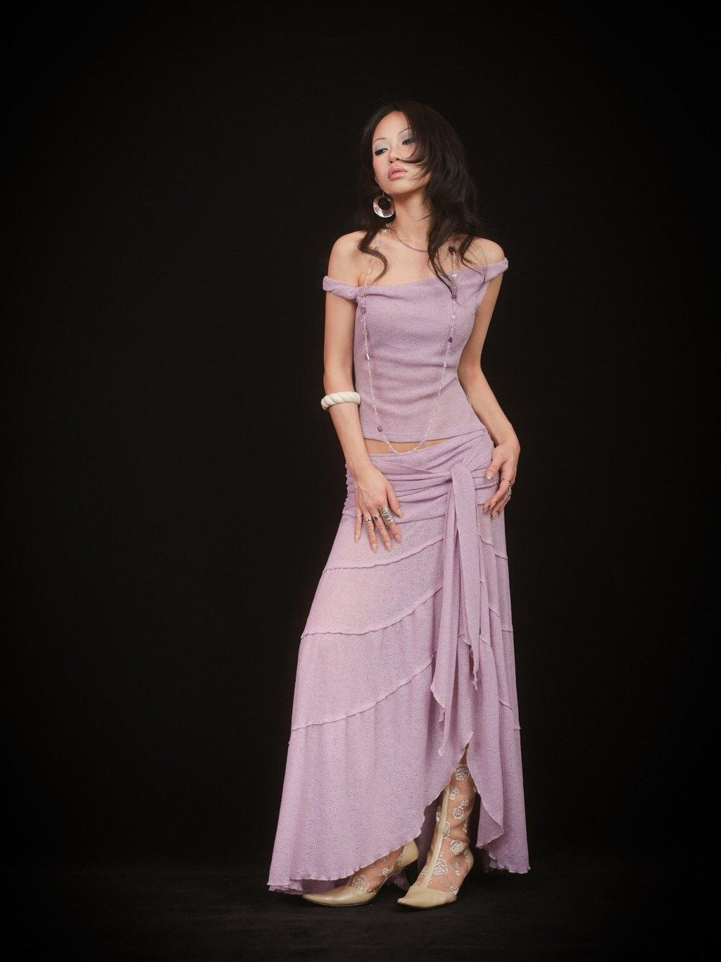 SCCREBEL Pink Purple Hippie Asymmetrical Tiered Women's Matching Skirt Sets