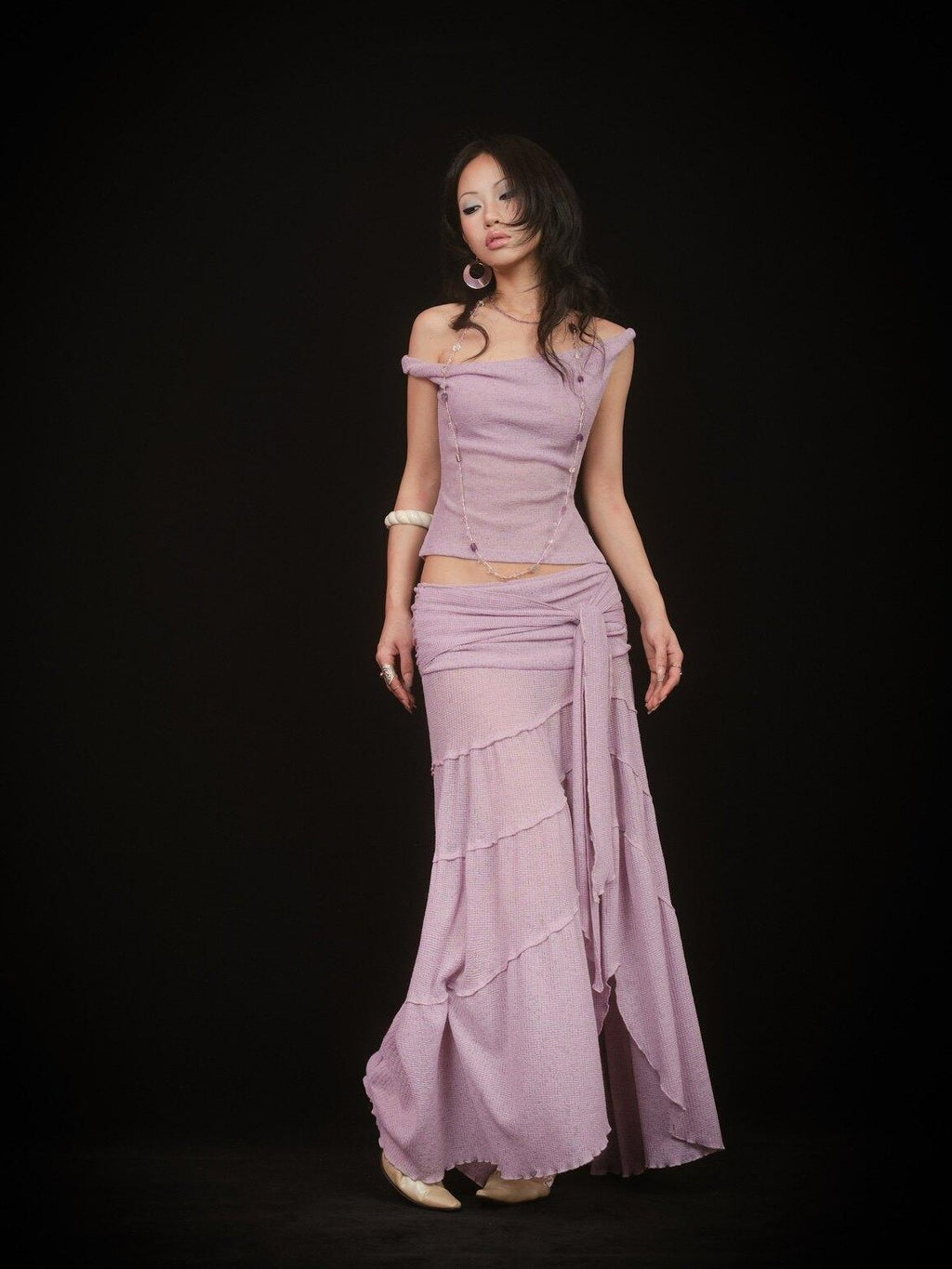 SCCREBEL Pink Purple Hippie Asymmetrical Tiered Women's Matching Skirt Sets