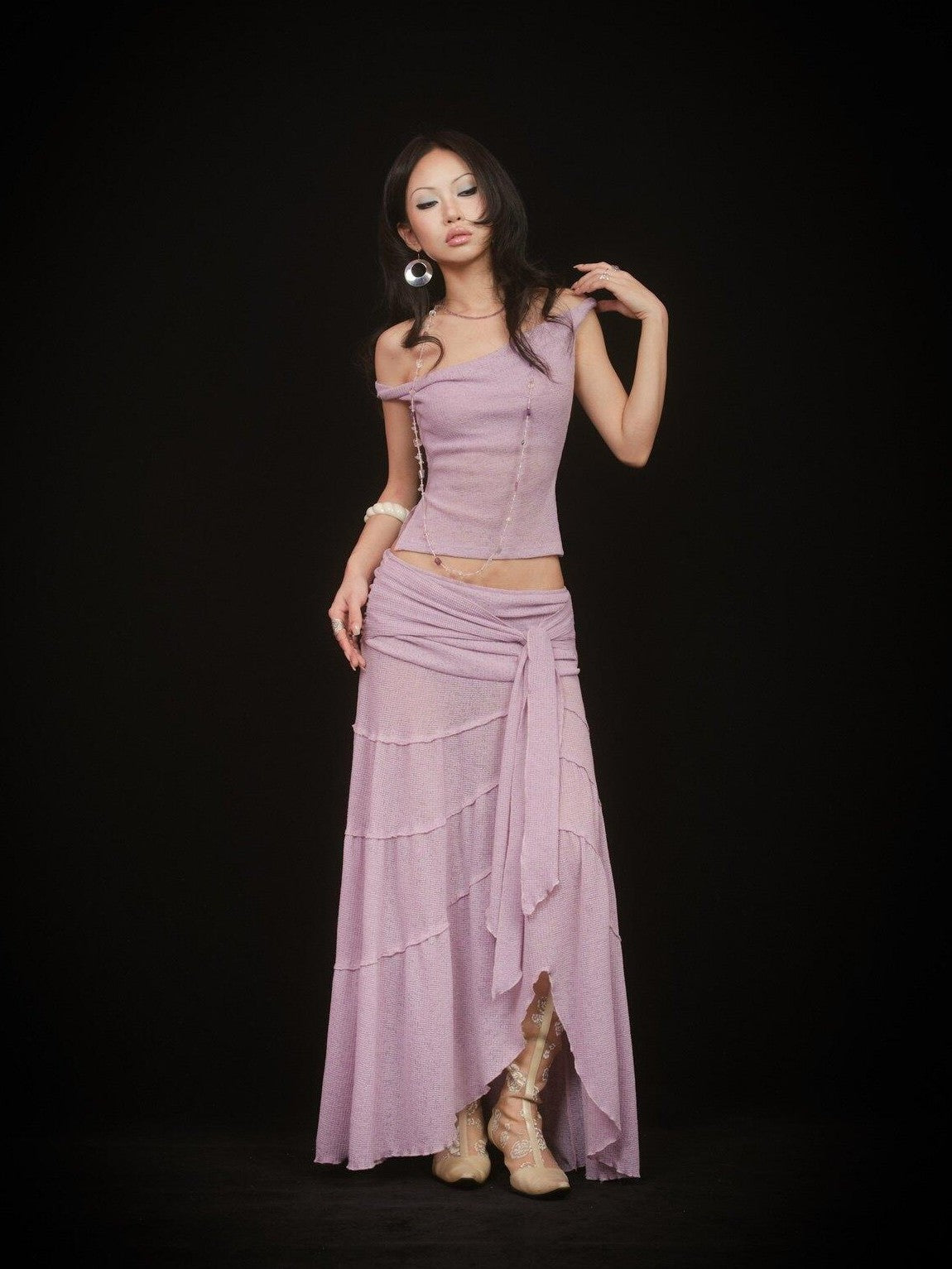 SCCREBEL Pink Purple Hippie Asymmetrical Tiered Women's Matching Skirt Sets