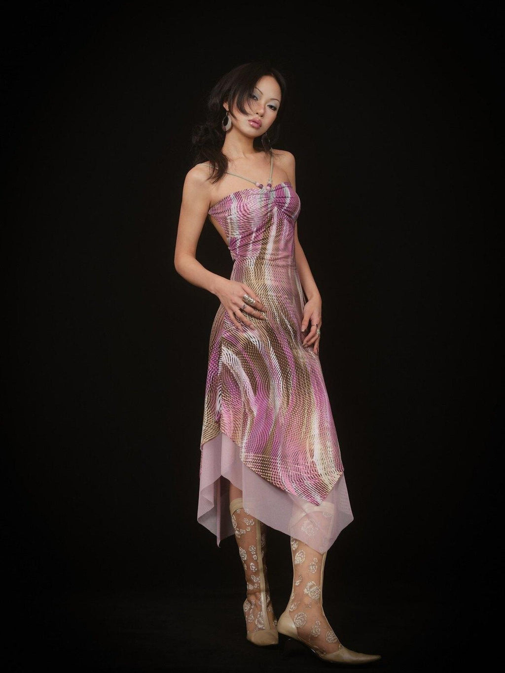 SCCREBEL Psychedelic Print Beaded Tie Asymmetric Backless Women's Slip Midi Dresses