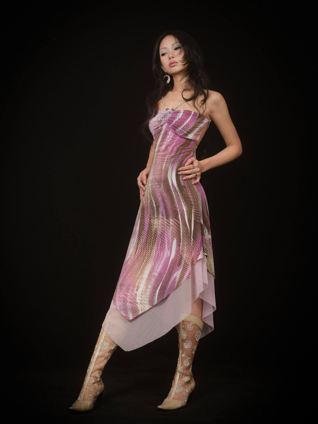SCCREBEL Psychedelic Print Beaded Tie Asymmetric Backless Women's Slip Midi Dresses