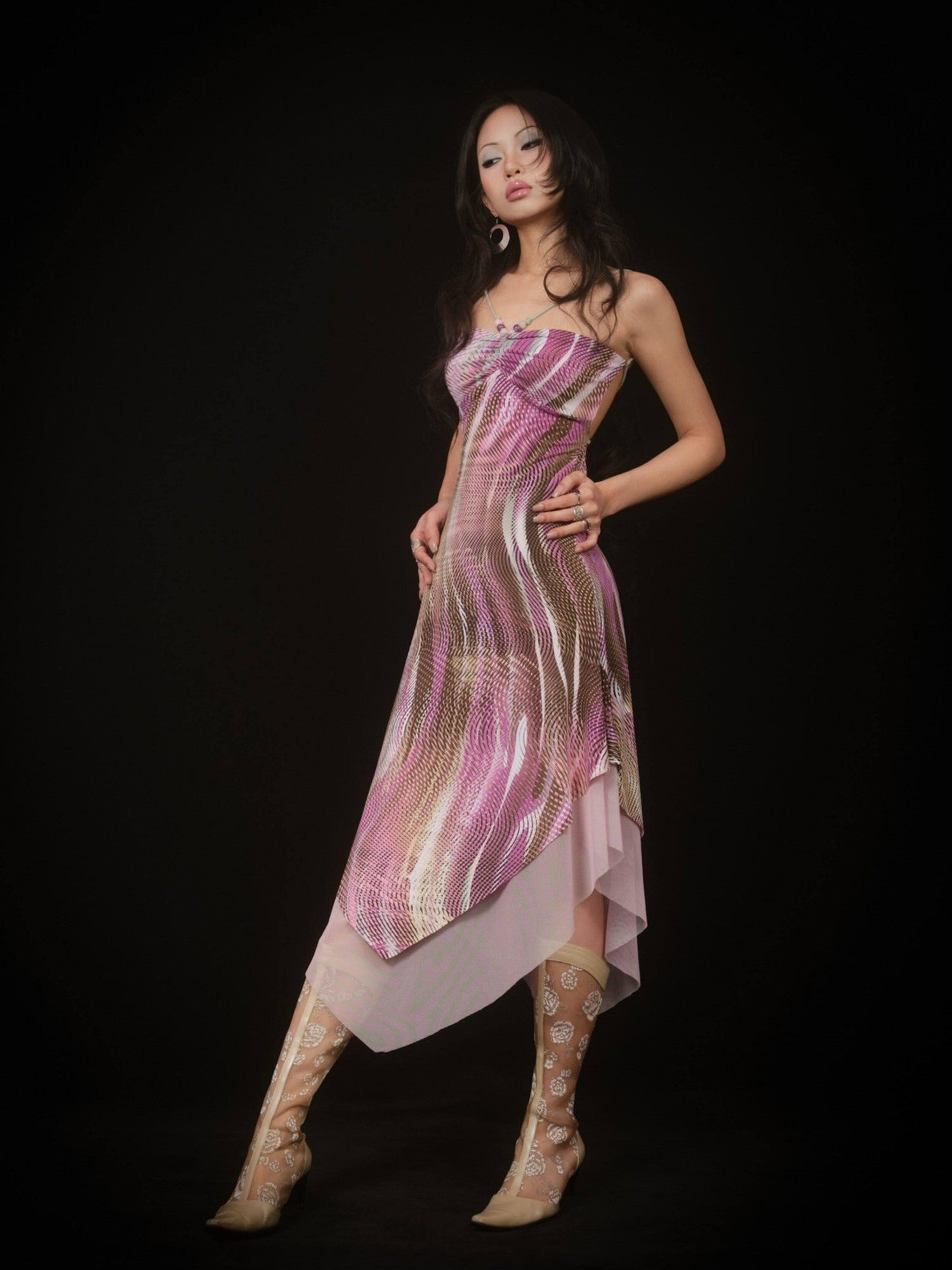 SCCREBEL Psychedelic Print Beaded Tie Asymmetric Backless Women's Slip Midi Dresses