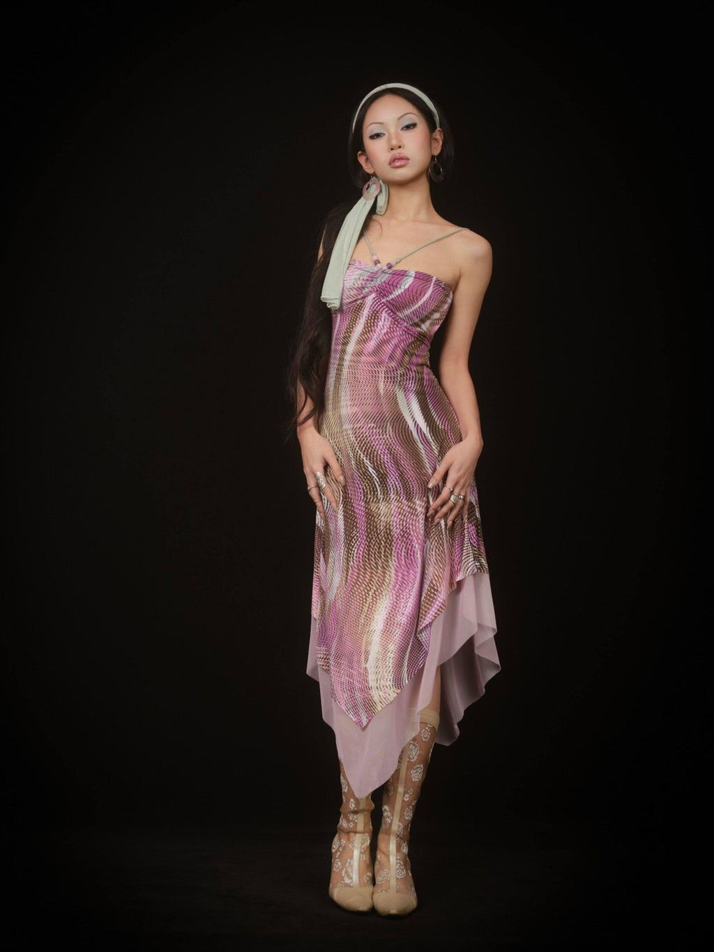 SCCREBEL Psychedelic Print Beaded Tie Asymmetric Backless Women's Slip Midi Dresses