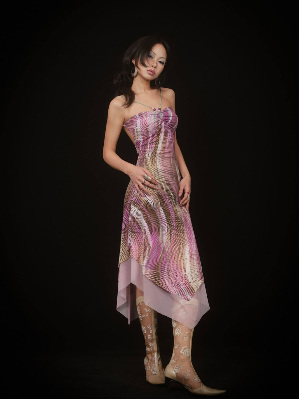 SCCREBEL Psychedelic Print Beaded Tie Asymmetric Backless Women's Slip Midi Dresses