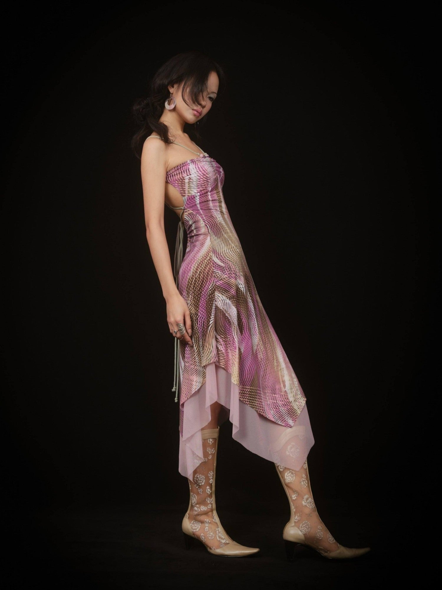 SCCREBEL Psychedelic Print Beaded Tie Asymmetric Backless Women's Slip Midi Dresses