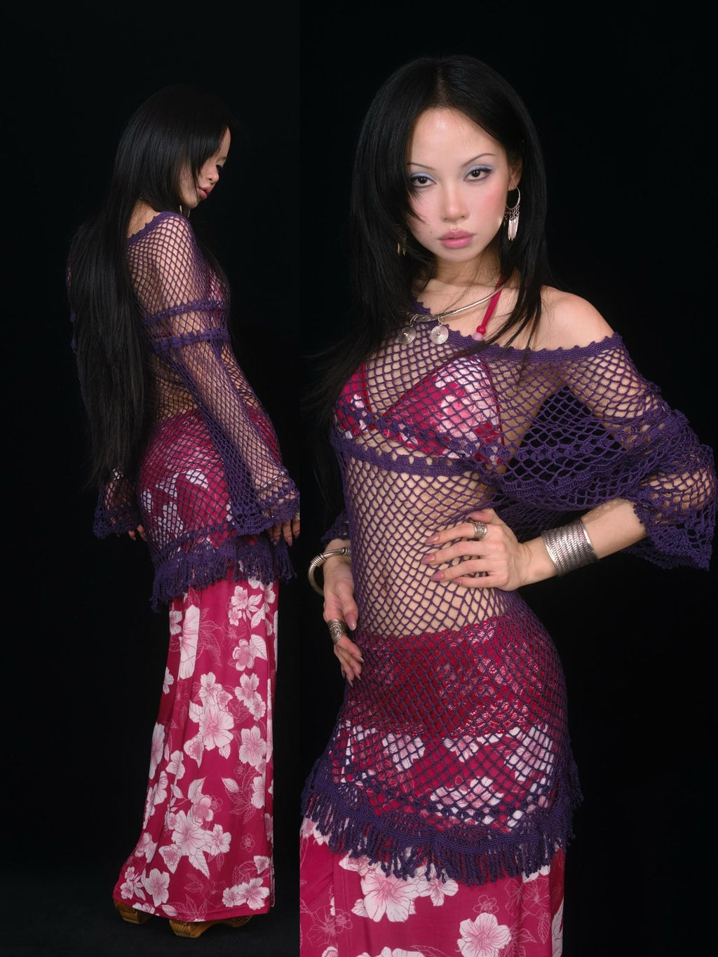 SCCREBEL Purple Crochet Cutout Tassel Bell Sleeve Women's Off-shoulder Mini Dresses