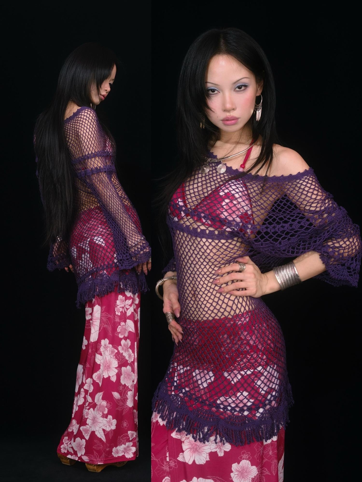 SCCREBEL Purple Crochet Cutout Tassel Bell Sleeve Women's Off-shoulder Mini Dresses