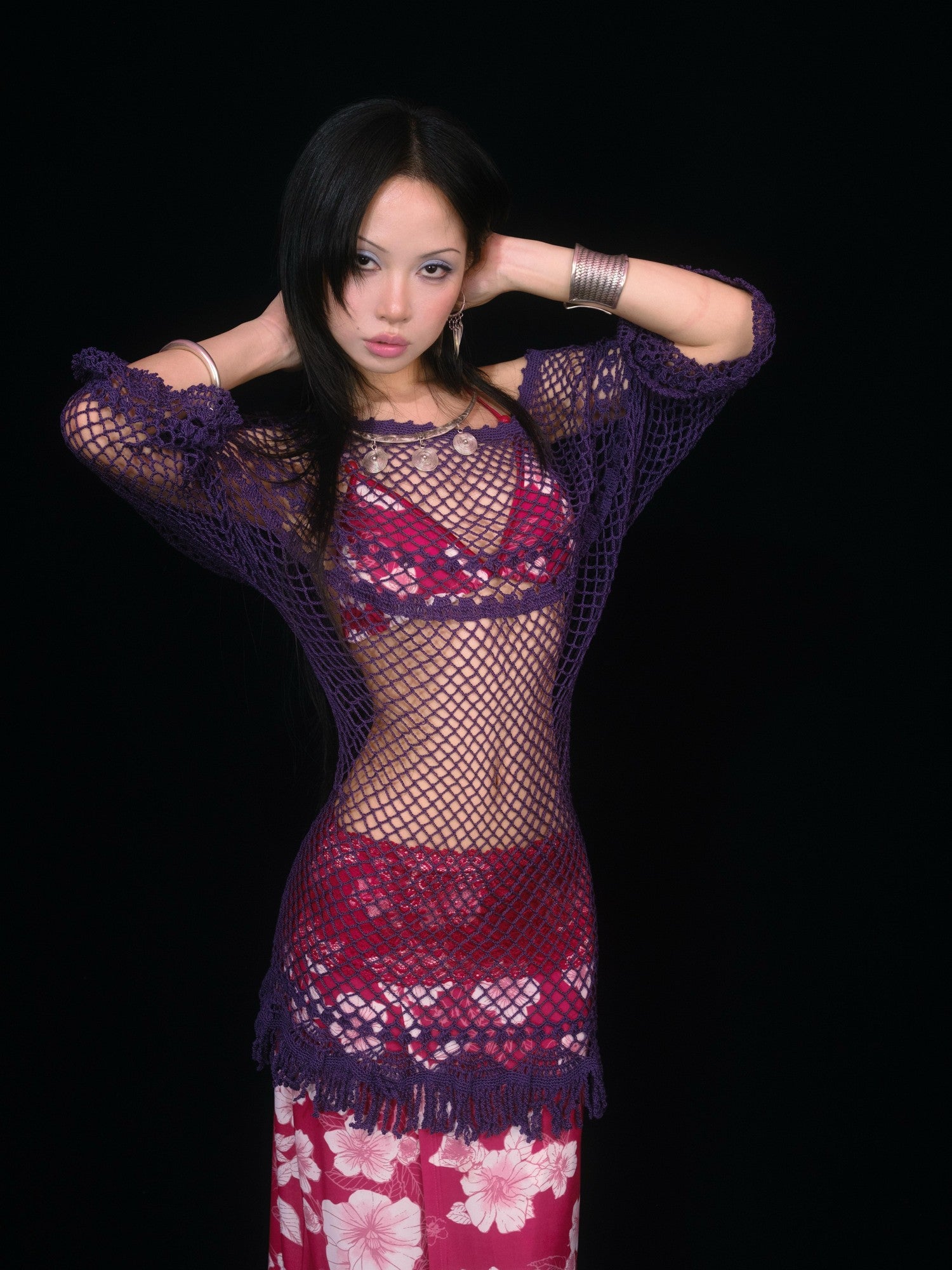 SCCREBEL Purple Crochet Cutout Tassel Bell Sleeve Women's Off-shoulder Mini Dresses