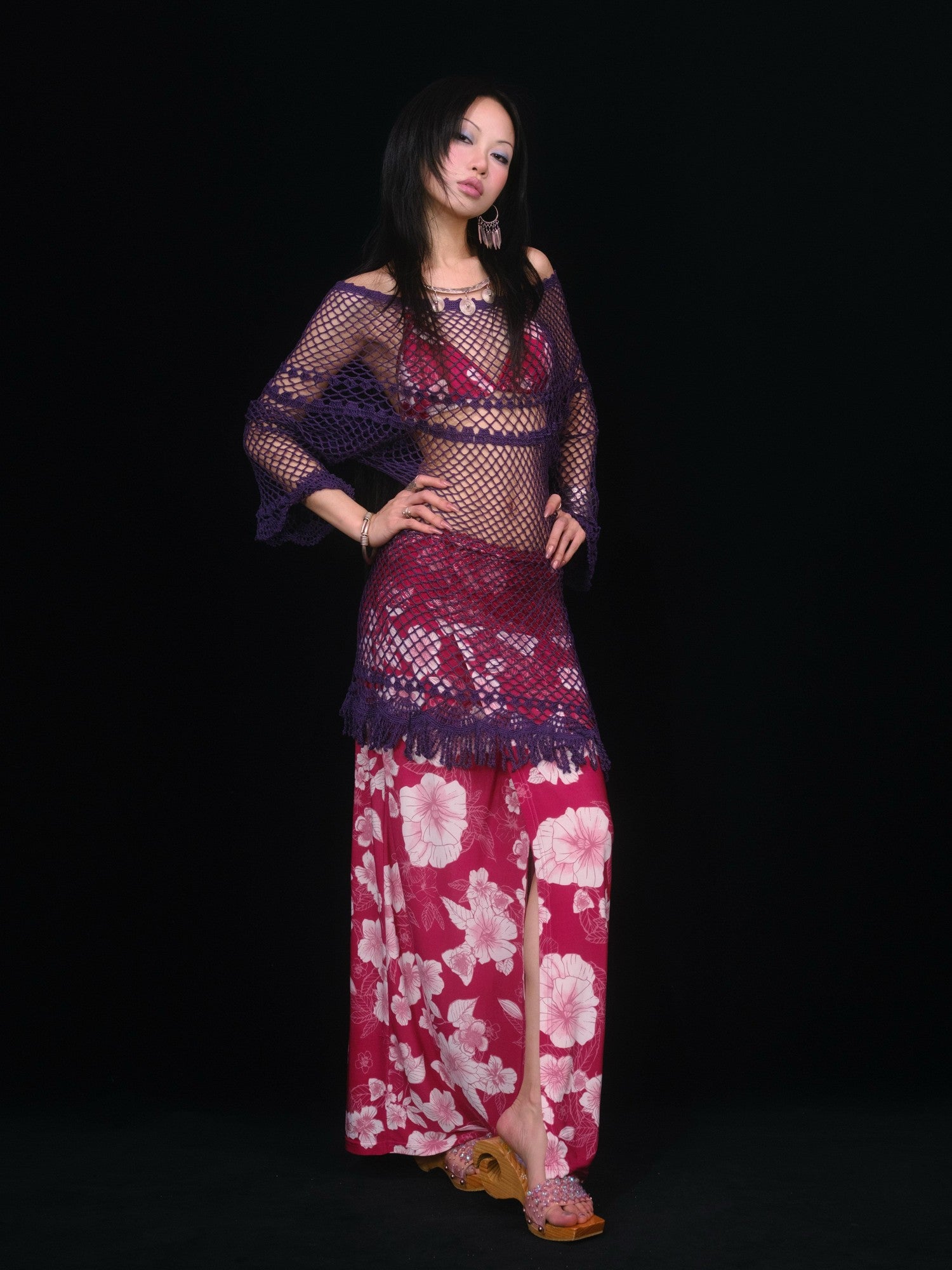 SCCREBEL Purple Crochet Cutout Tassel Bell Sleeve Women's Off-shoulder Mini Dresses