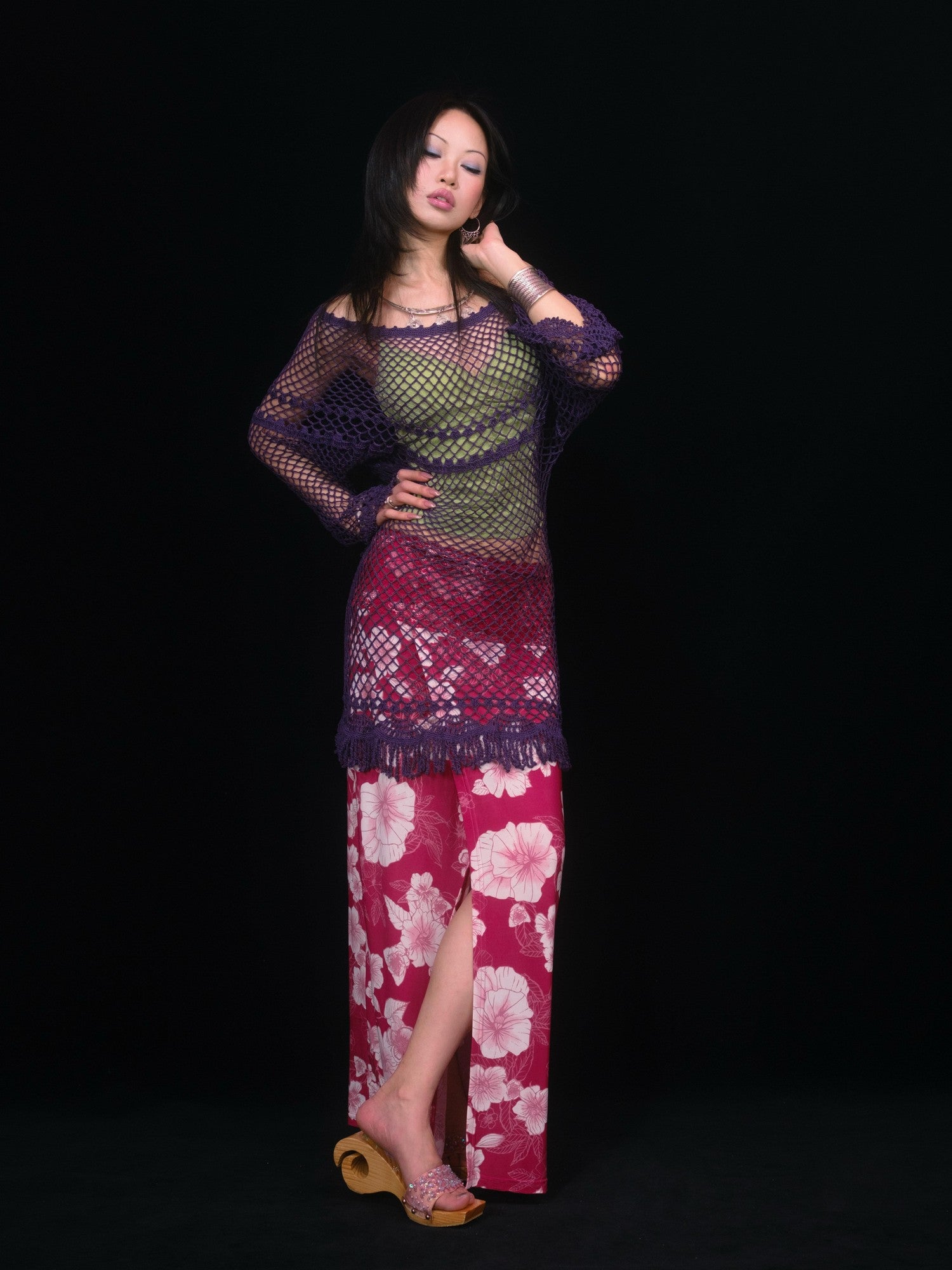 SCCREBEL Purple Crochet Cutout Tassel Bell Sleeve Women's Off-shoulder Mini Dresses