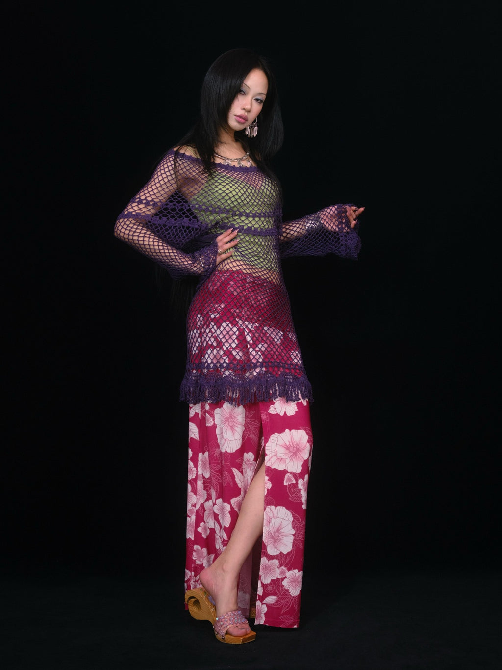 SCCREBEL Purple Crochet Cutout Tassel Bell Sleeve Women's Off-shoulder Mini Dresses