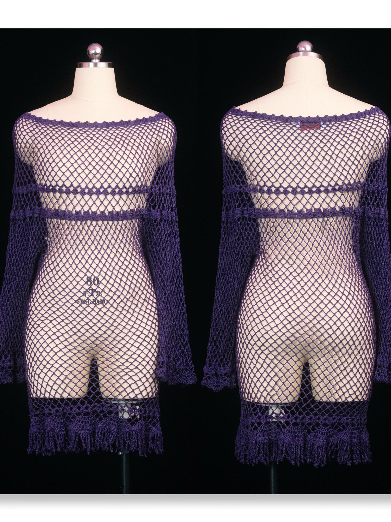 SCCREBEL Purple Crochet Cutout Tassel Bell Sleeve Women's Off-shoulder Mini Dresses