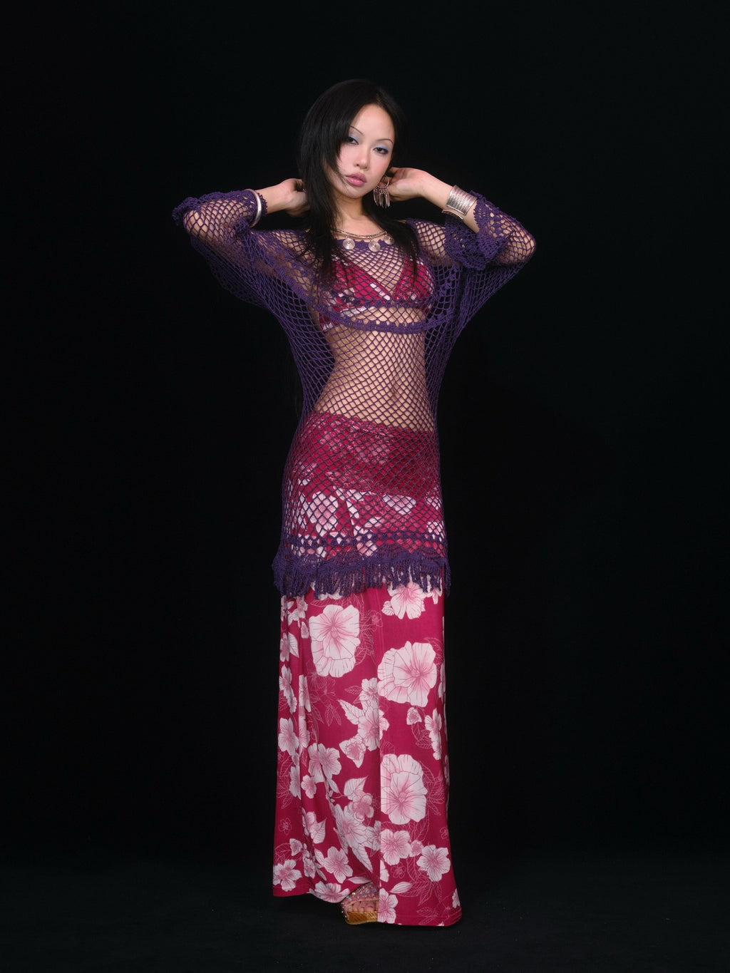 SCCREBEL Purple Crochet Cutout Tassel Bell Sleeve Women's Off-shoulder Mini Dresses