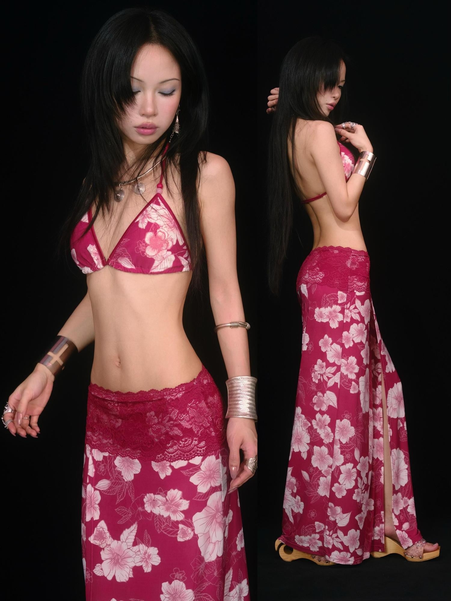 SCCREBEL Red Vintage Floral Print Tie Splice Front Slit Low Waist Women's Skirted Bikinis