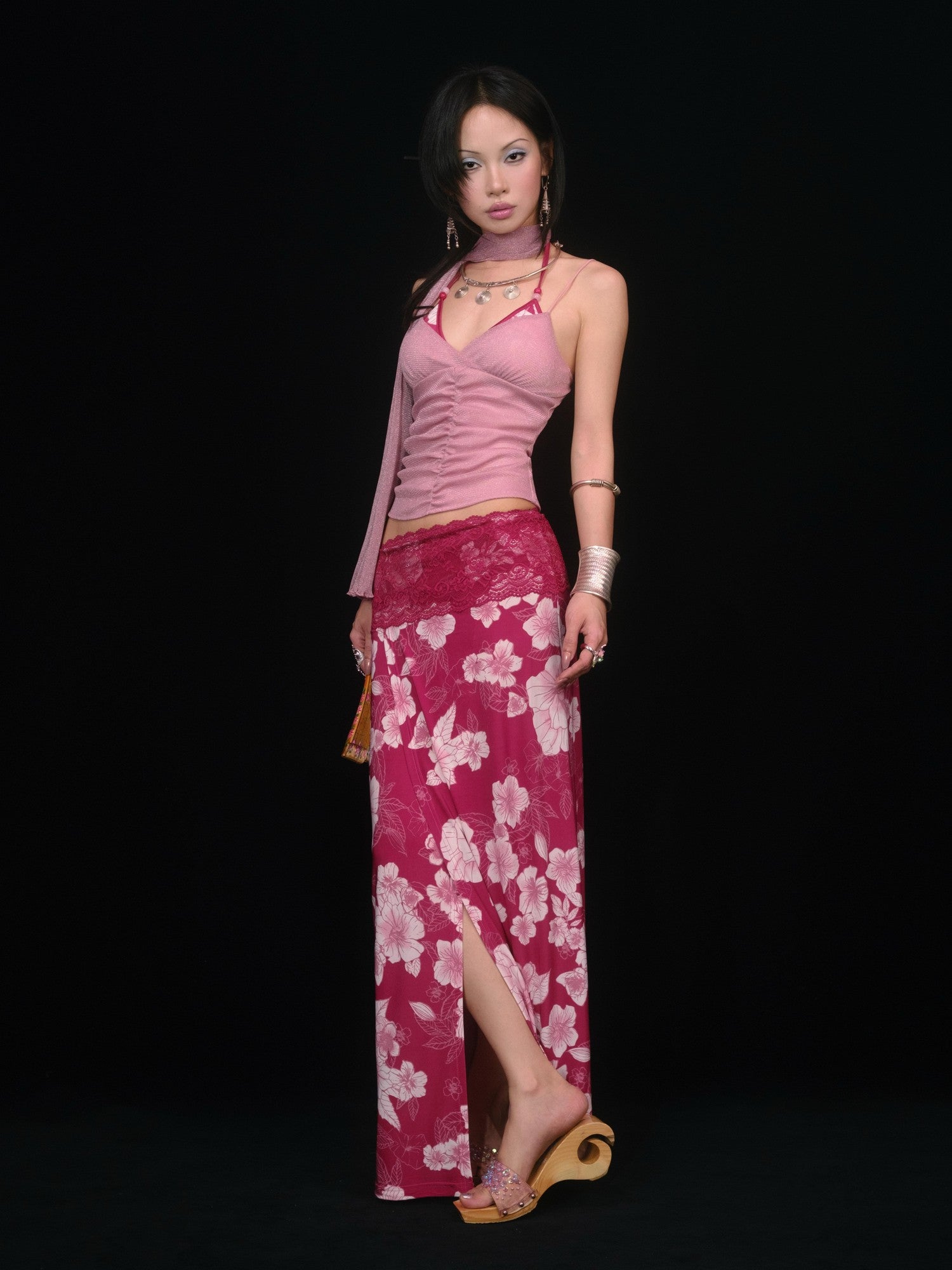 SCCREBEL Red Vintage Floral Print Tie Splice Front Slit Low Waist Women's Skirted Bikinis