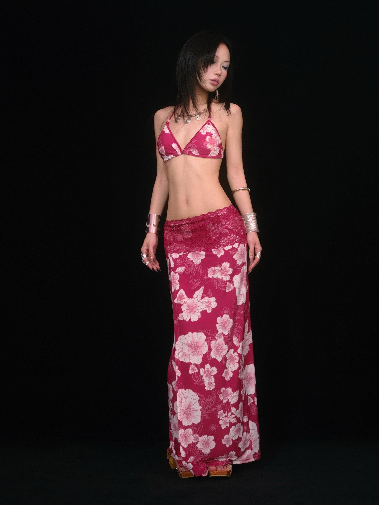 SCCREBEL Red Vintage Floral Print Tie Splice Front Slit Low Waist Women's Skirted Bikinis