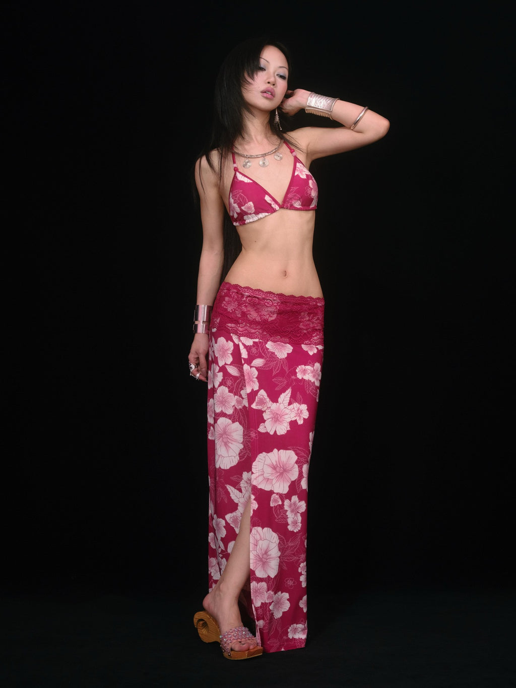 SCCREBEL Red Vintage Floral Print Tie Splice Front Slit Low Waist Women's Skirted Bikinis