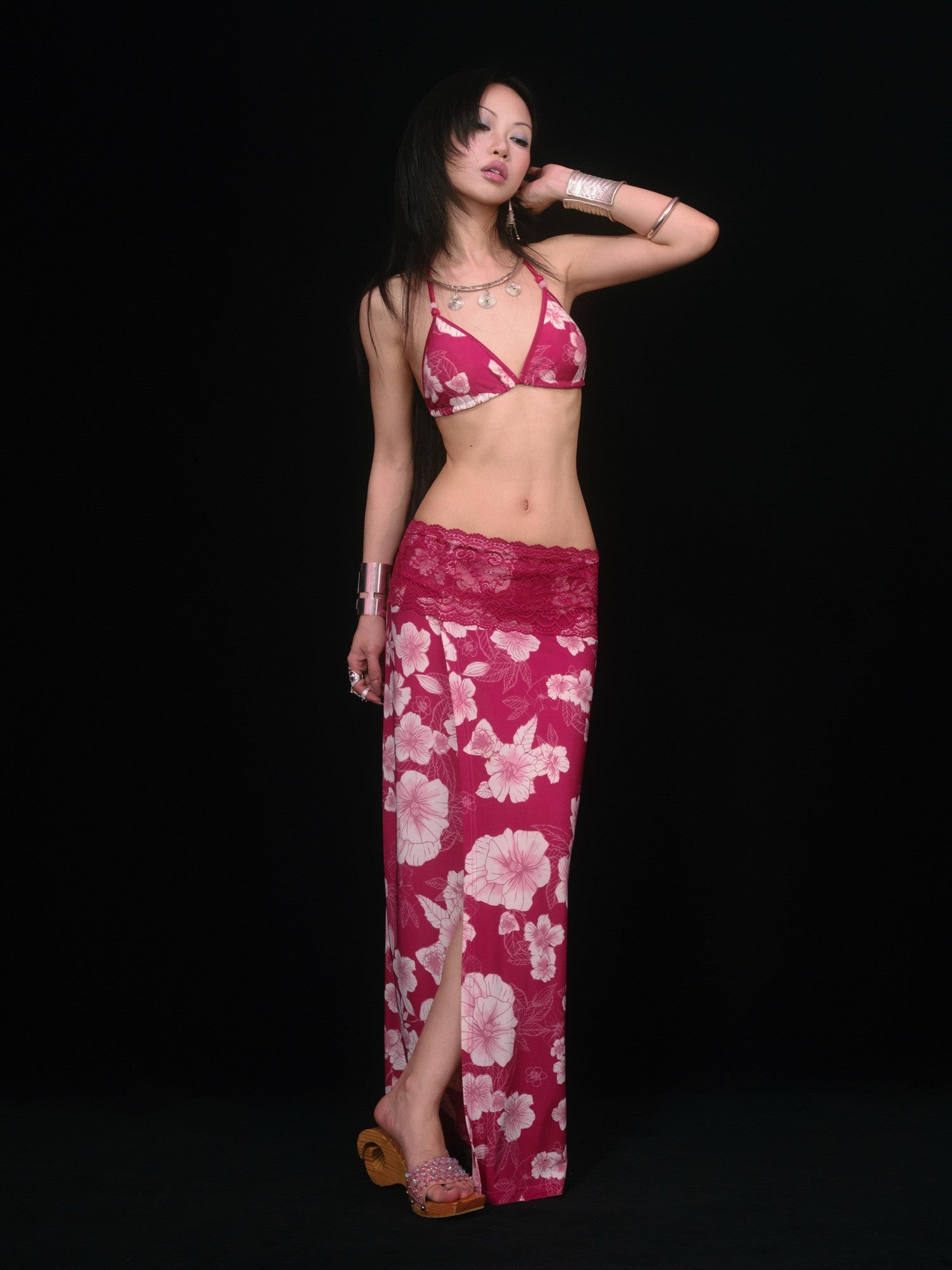 SCCREBEL Red Vintage Floral Print Tie Splice Front Slit Low Waist Women's Skirted Bikinis
