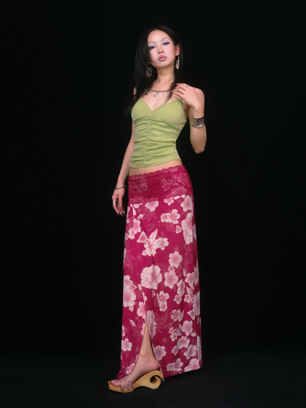 SCCREBEL Red Vintage Floral Print Tie Splice Front Slit Low Waist Women's Skirted Bikinis