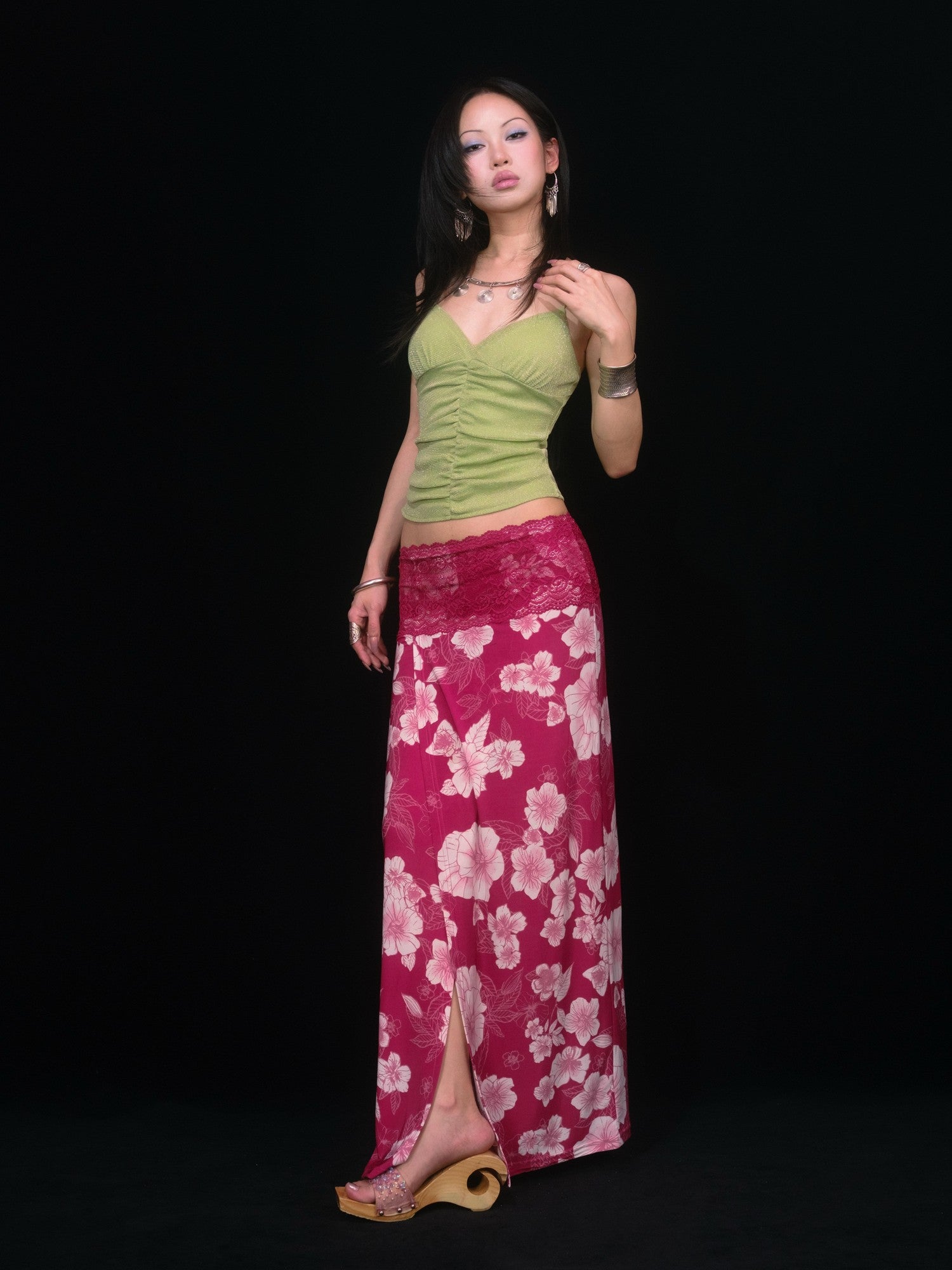 SCCREBEL Red Vintage Floral Print Tie Splice Front Slit Low Waist Women's Skirted Bikinis