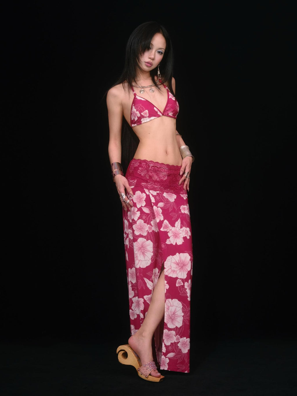 SCCREBEL Red Vintage Floral Print Tie Splice Front Slit Low Waist Women's Skirted Bikinis
