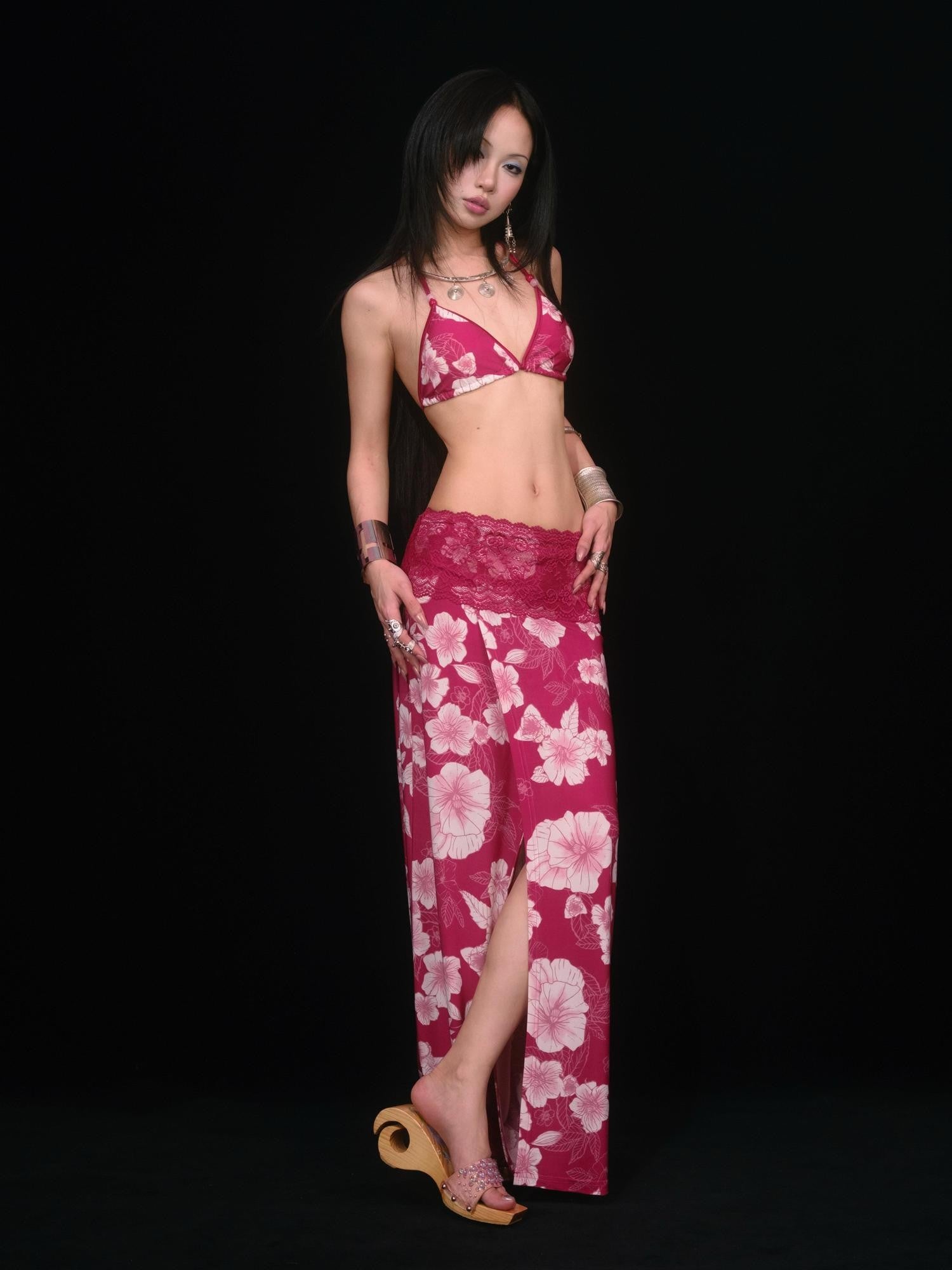 SCCREBEL Red Vintage Floral Print Tie Splice Front Slit Low Waist Women's Skirted Bikinis