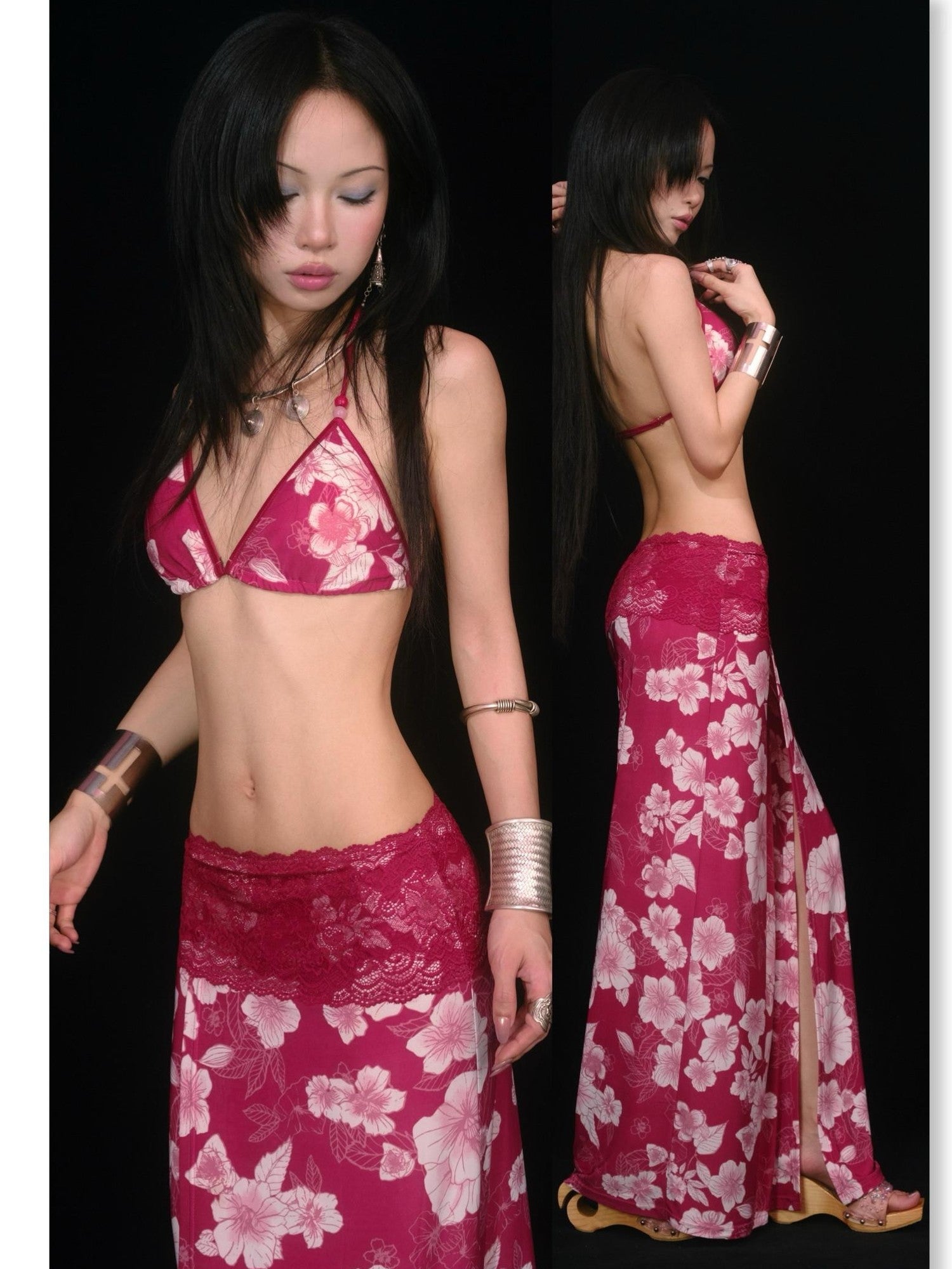 SCCREBEL Red Vintage Floral Print Tie Splice Front Slit Low Waist Women's Skirted Bikinis