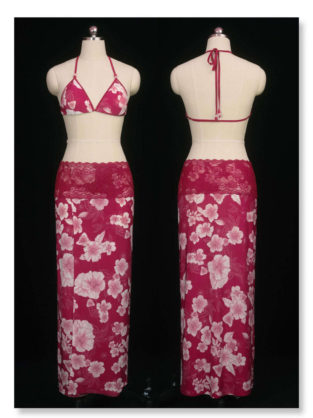 SCCREBEL Red Vintage Floral Print Tie Splice Front Slit Low Waist Women's Skirted Bikinis