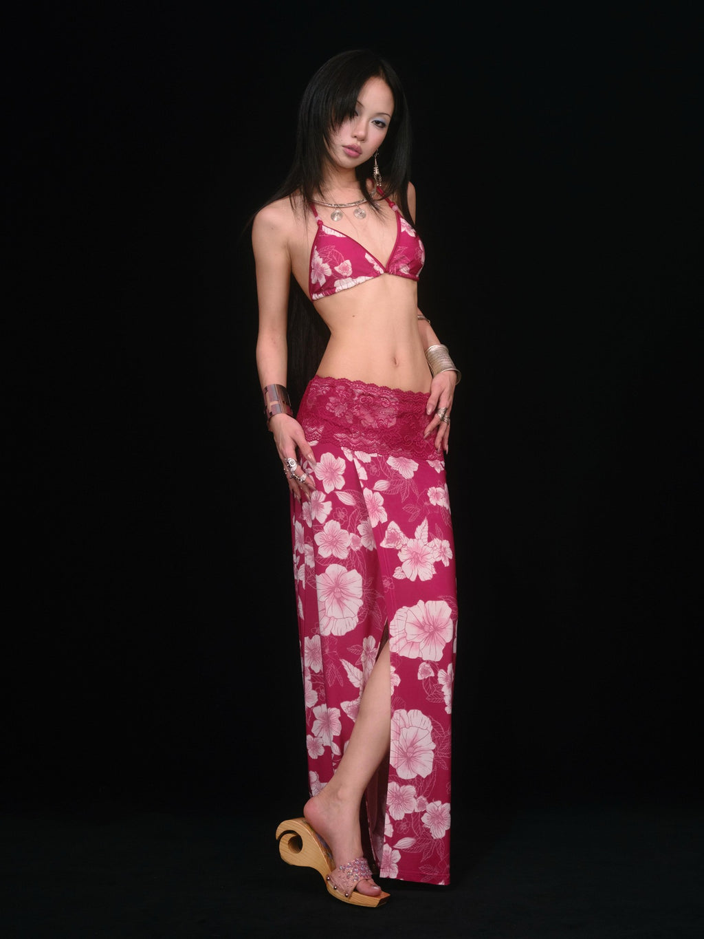 SCCREBEL Red Vintage Floral Print Tie Splice Front Slit Low Waist Women's Skirted Bikinis