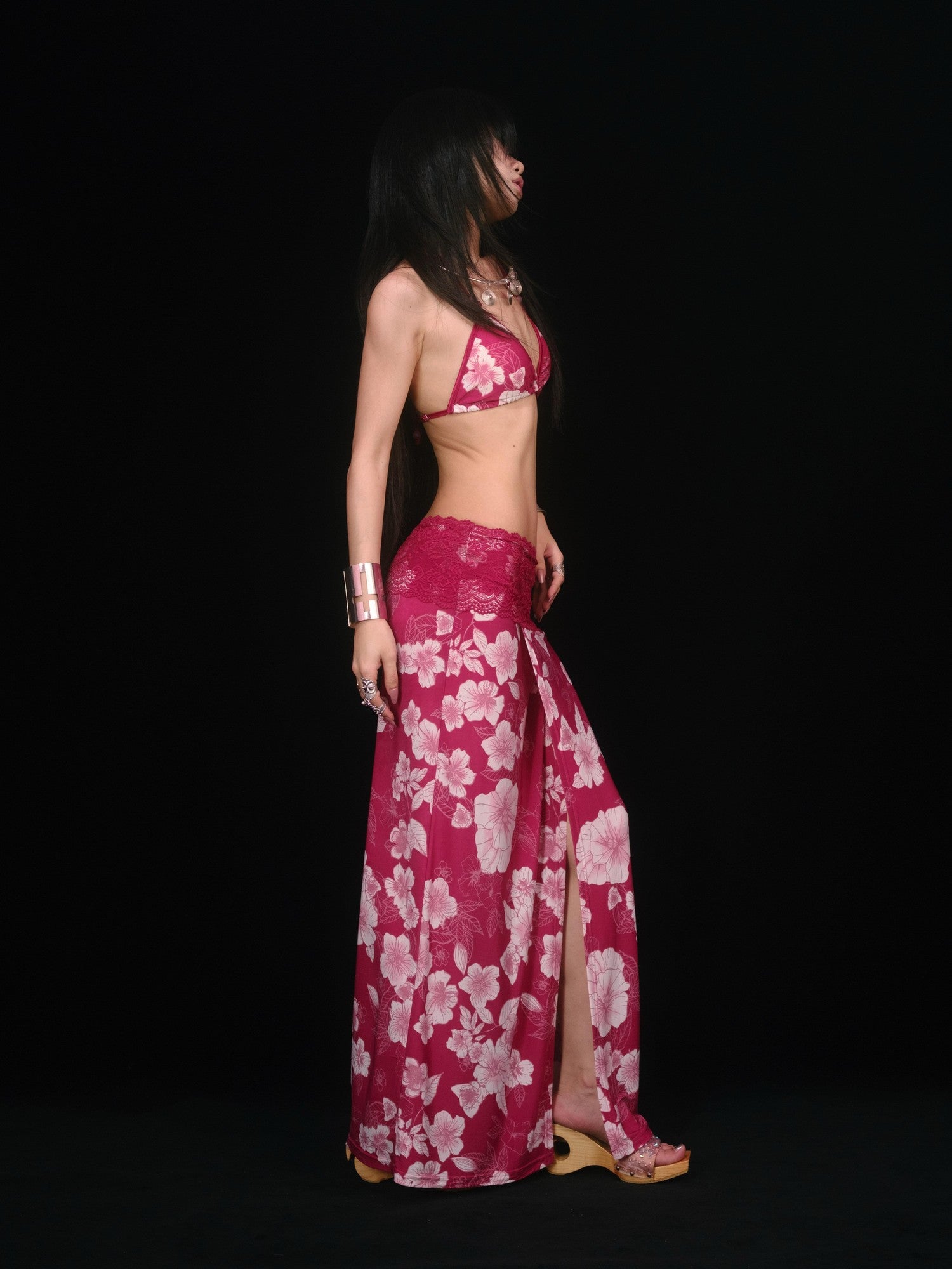 SCCREBEL Red Vintage Floral Print Tie Splice Front Slit Low Waist Women's Skirted Bikinis