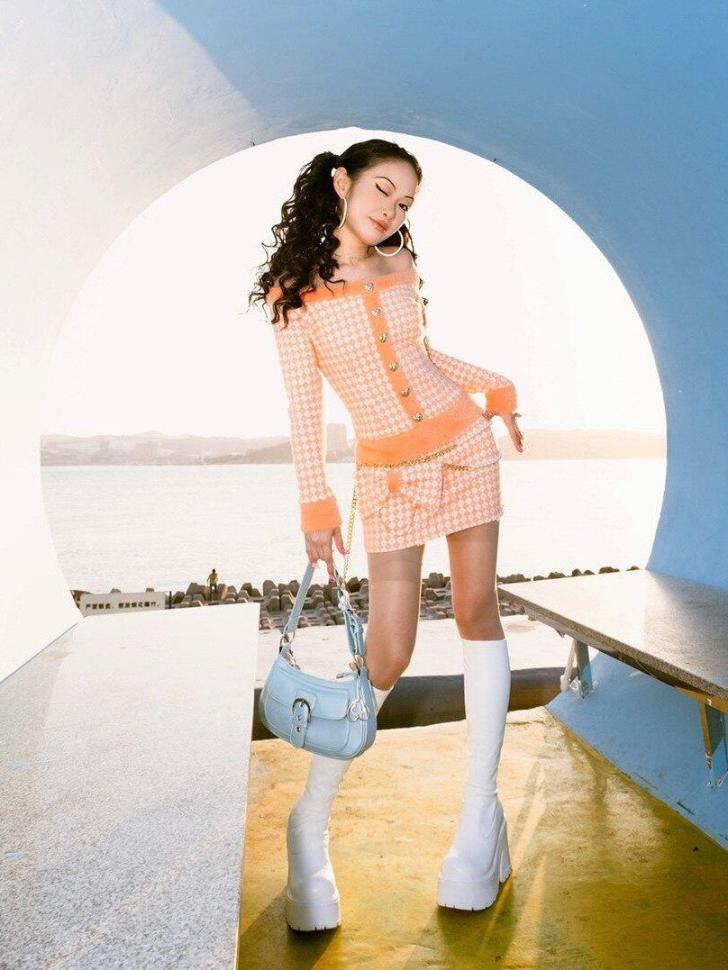 SCCREBEL Retro Bright Orange Plaid Bow Women's Mink Off-shoulder Midi Dresses