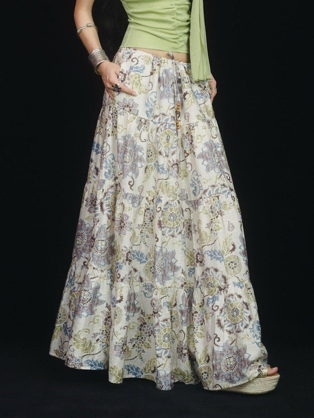SCCREBEL Retro East Asian Patchwork Tie A Line Low Waist Women's Linen Maxi Skirts