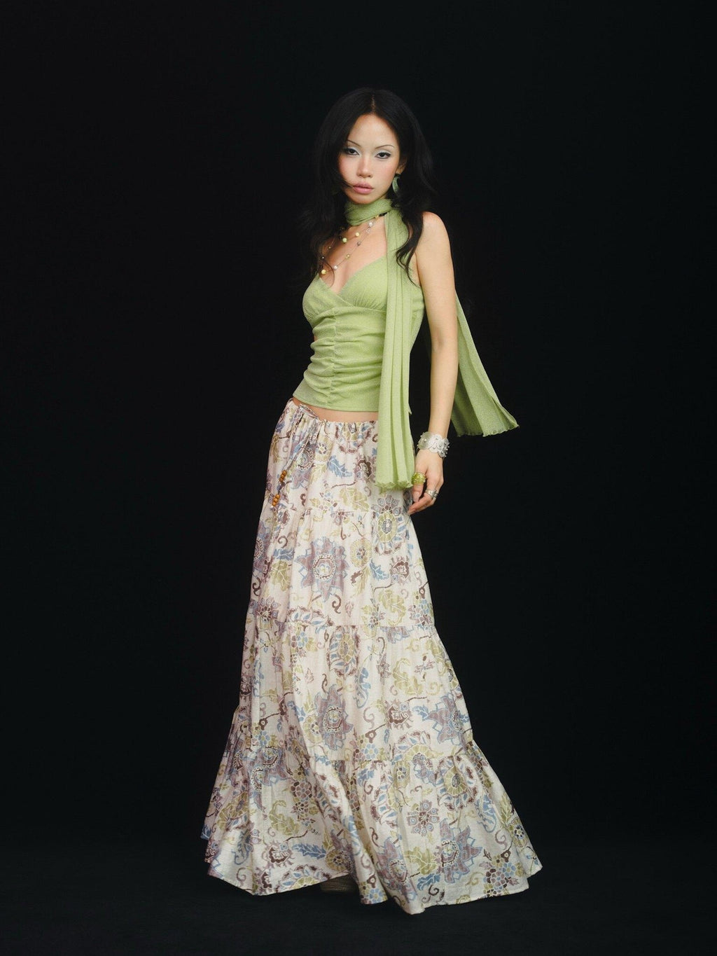 SCCREBEL Retro East Asian Patchwork Tie A Line Low Waist Women's Linen Maxi Skirts