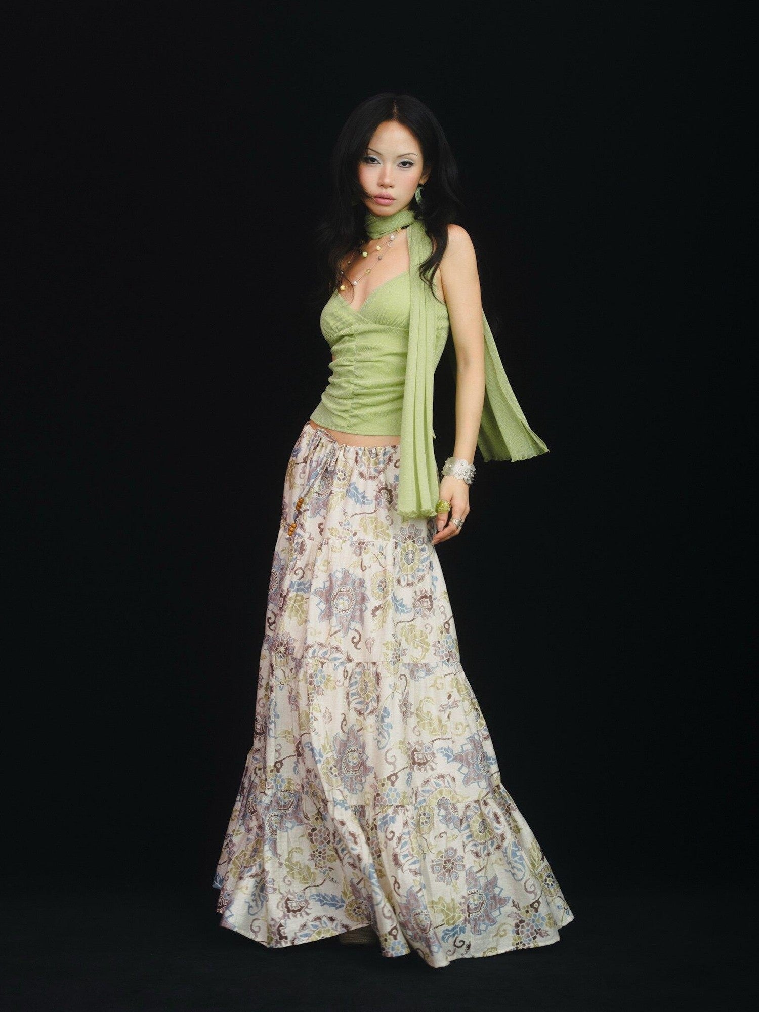 SCCREBEL Retro East Asian Patchwork Tie A Line Low Waist Women's Linen Maxi Skirts