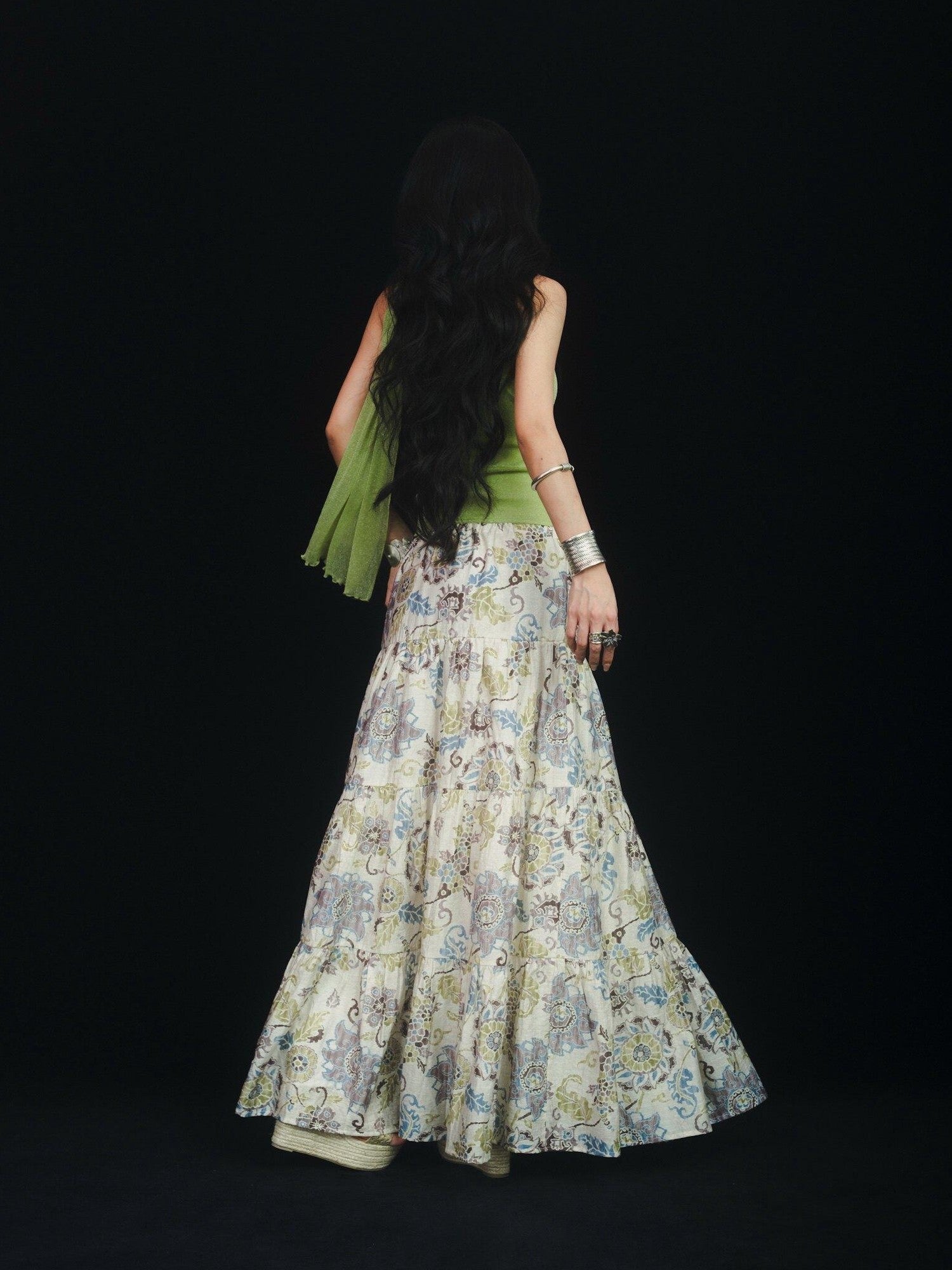 SCCREBEL Retro East Asian Patchwork Tie A Line Low Waist Women's Linen Maxi Skirts