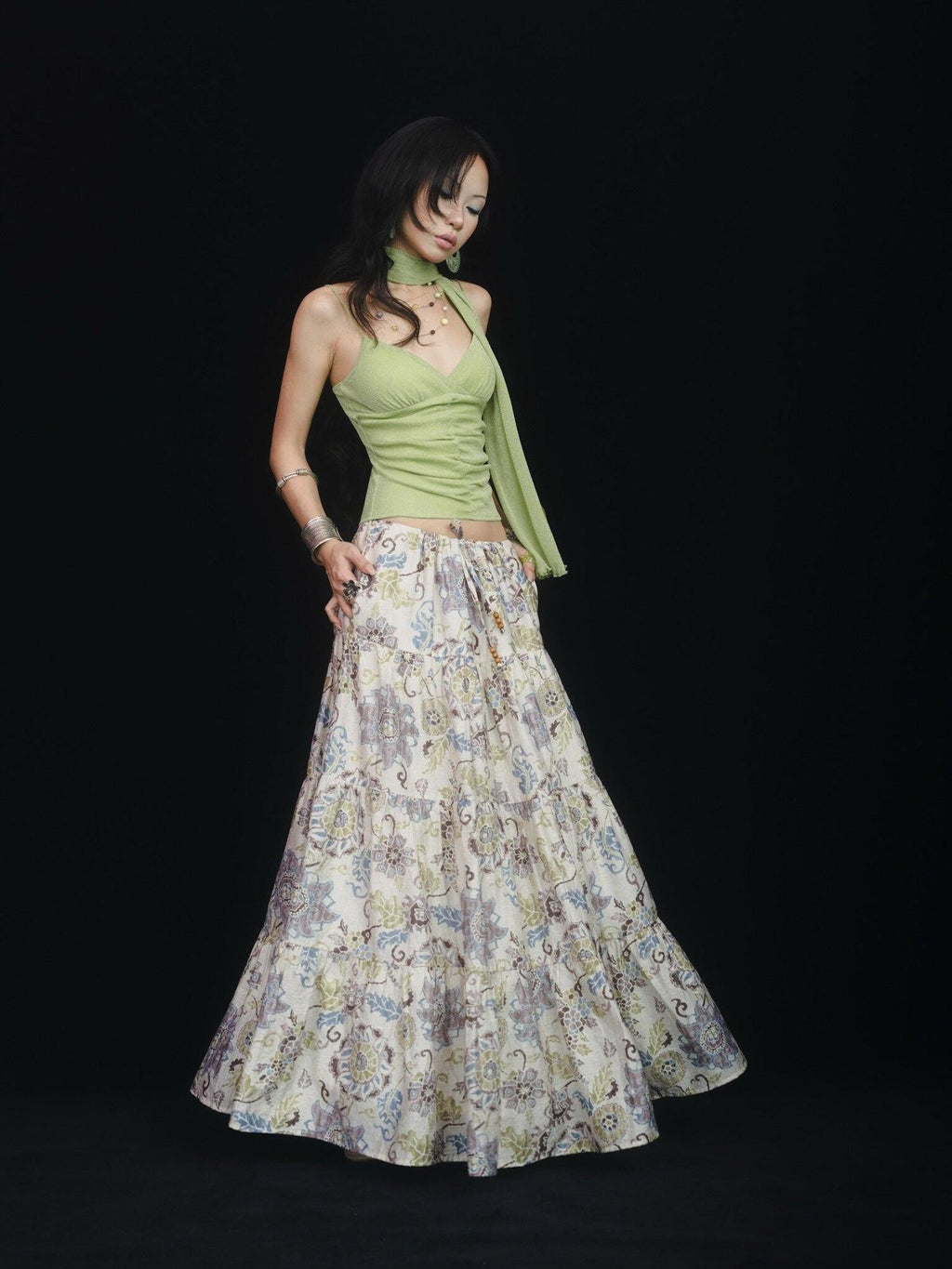 SCCREBEL Retro East Asian Patchwork Tie A Line Low Waist Women's Linen Maxi Skirts