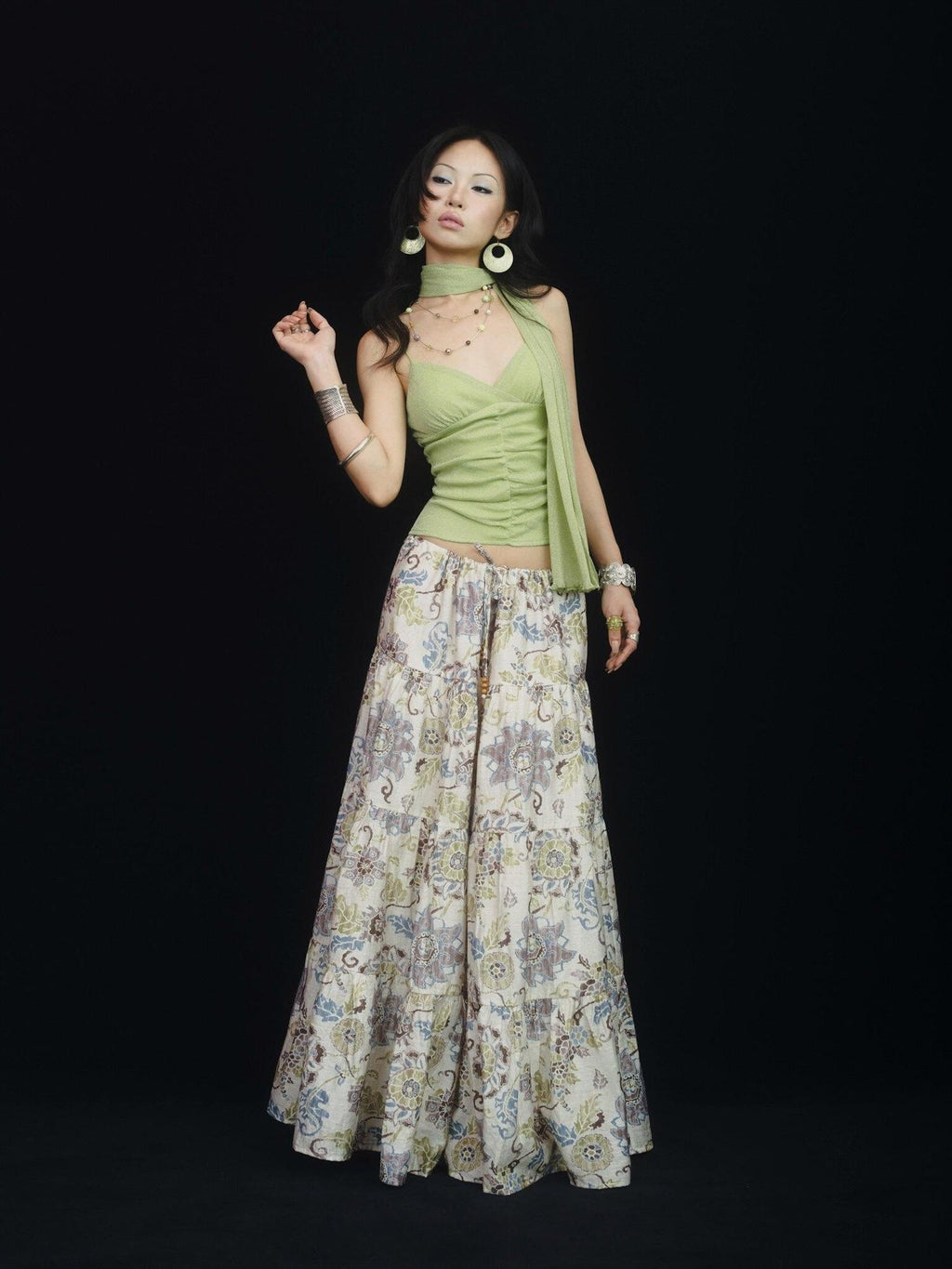 SCCREBEL Retro East Asian Patchwork Tie A Line Low Waist Women's Linen Maxi Skirts
