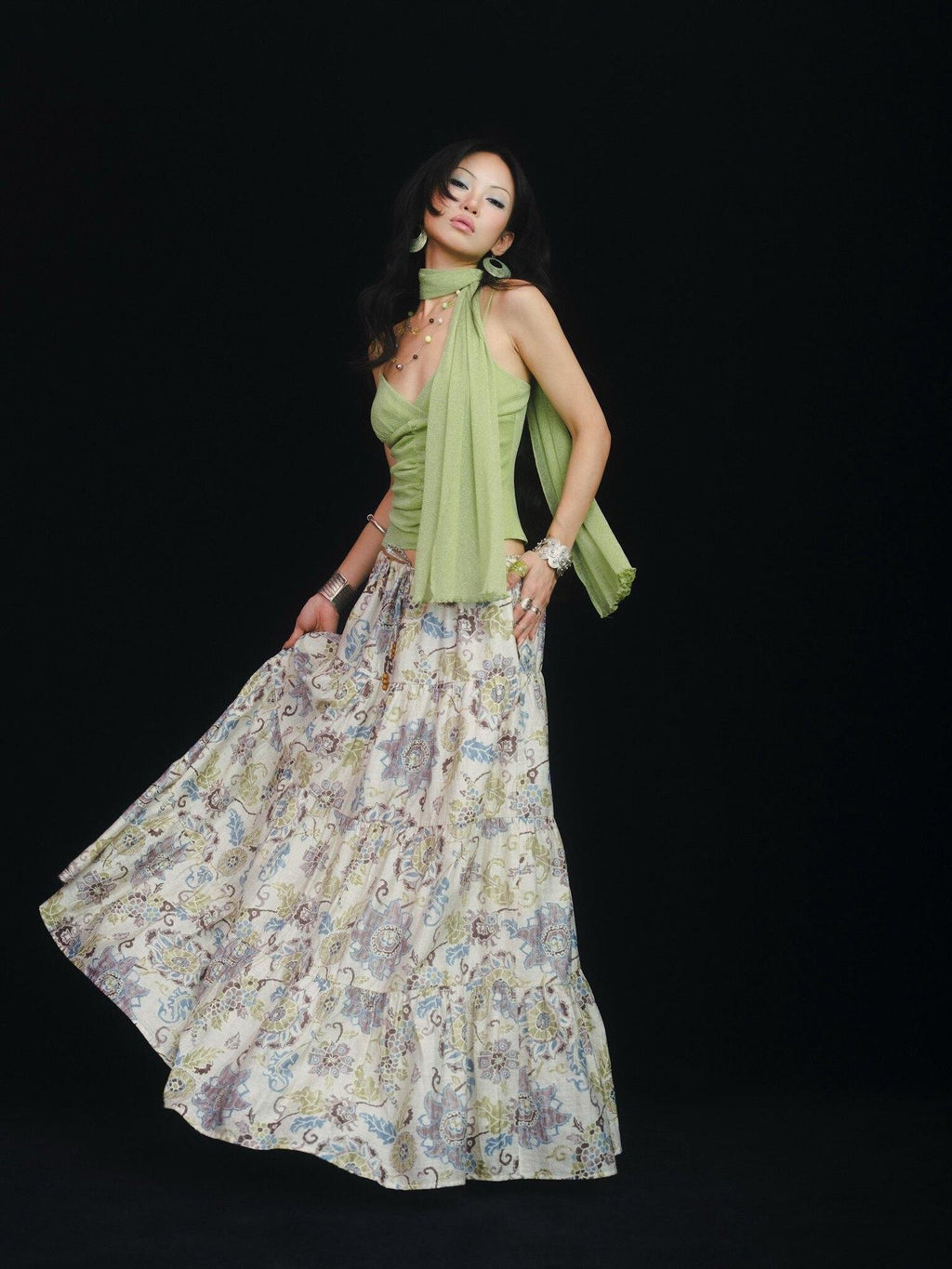 SCCREBEL Retro East Asian Patchwork Tie A Line Low Waist Women's Linen Maxi Skirts