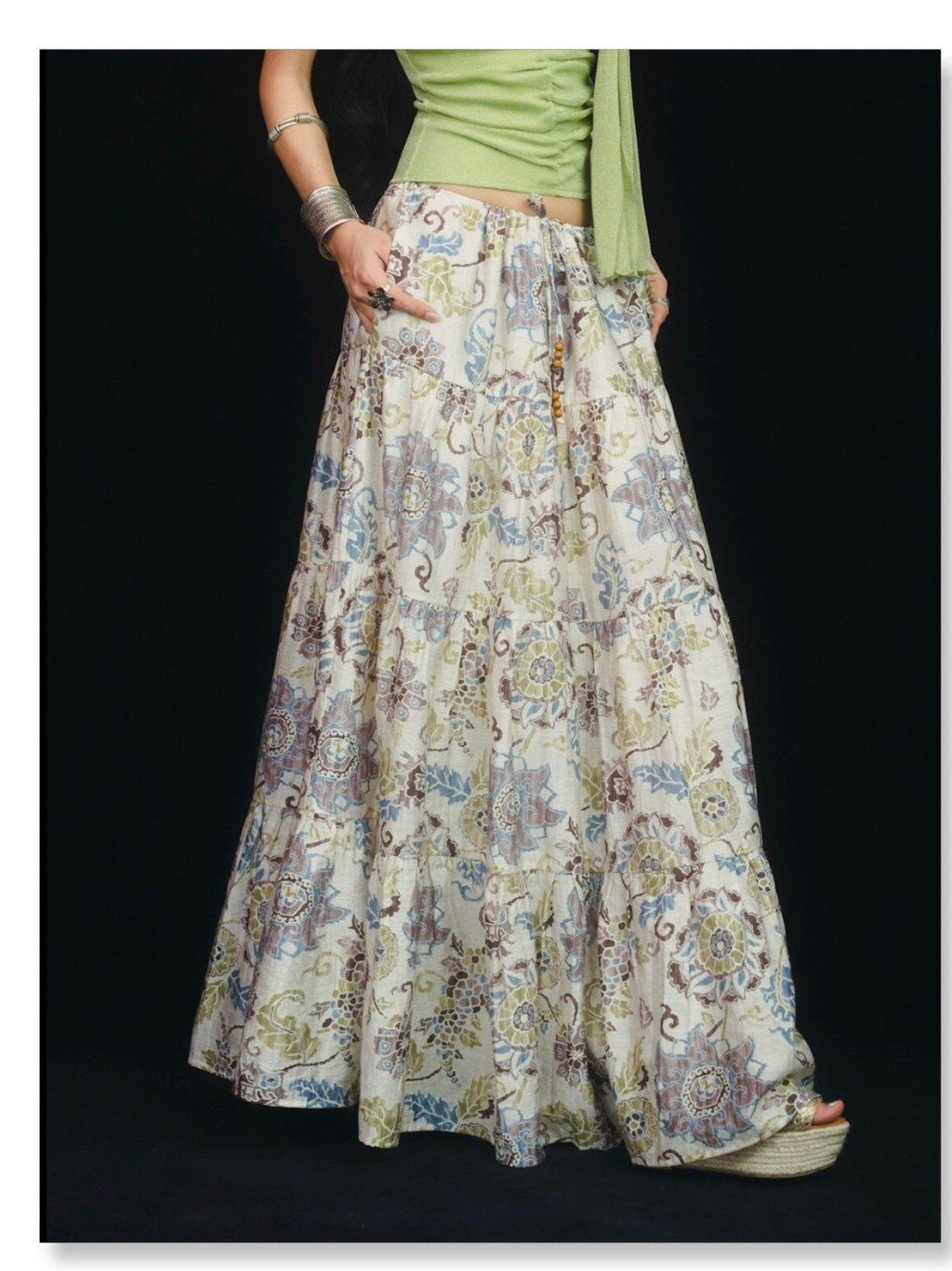 SCCREBEL Retro East Asian Patchwork Tie A Line Low Waist Women's Linen Maxi Skirts
