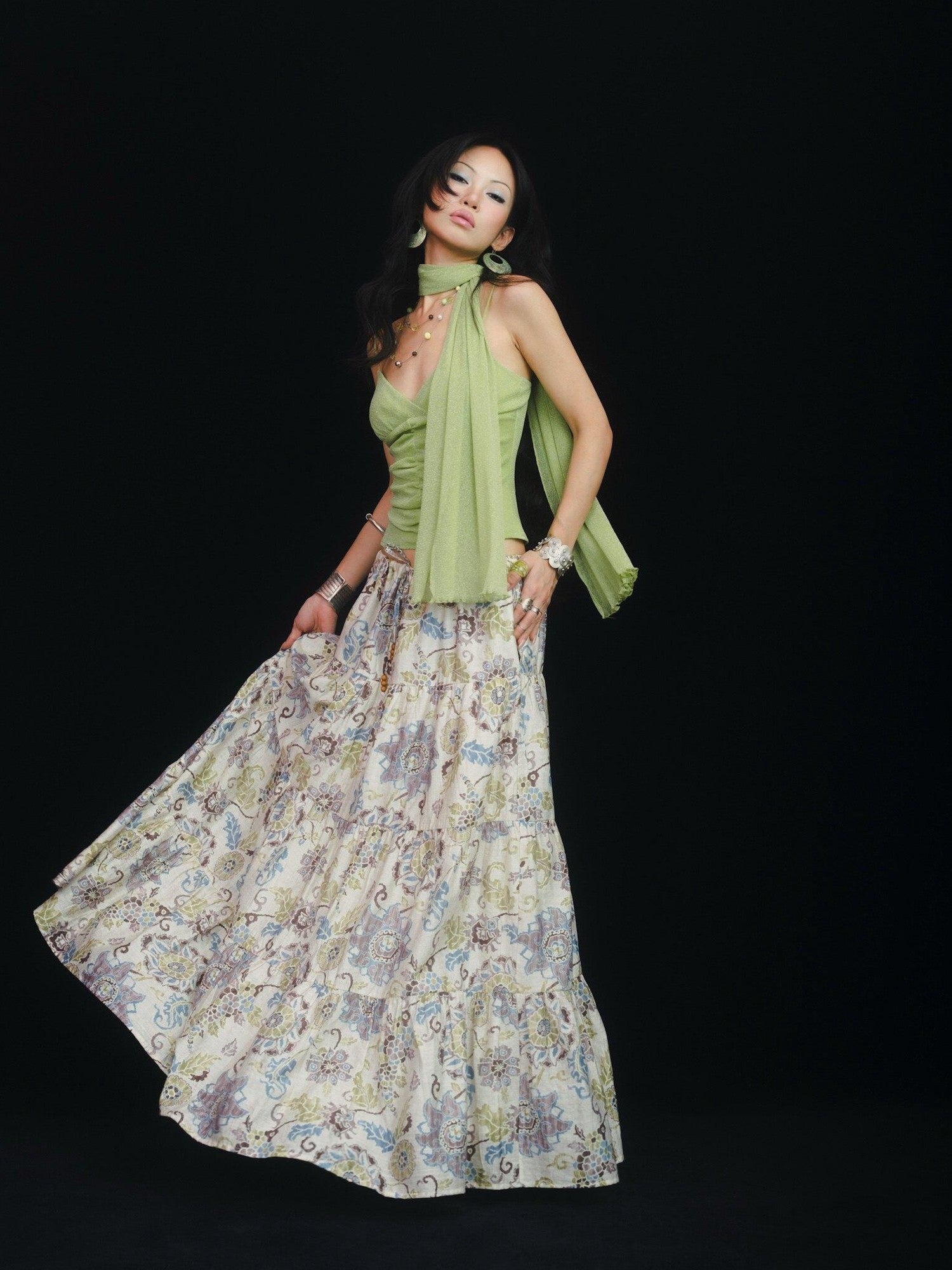 SCCREBEL Retro East Asian Patchwork Tie A Line Low Waist Women's Linen Maxi Skirts