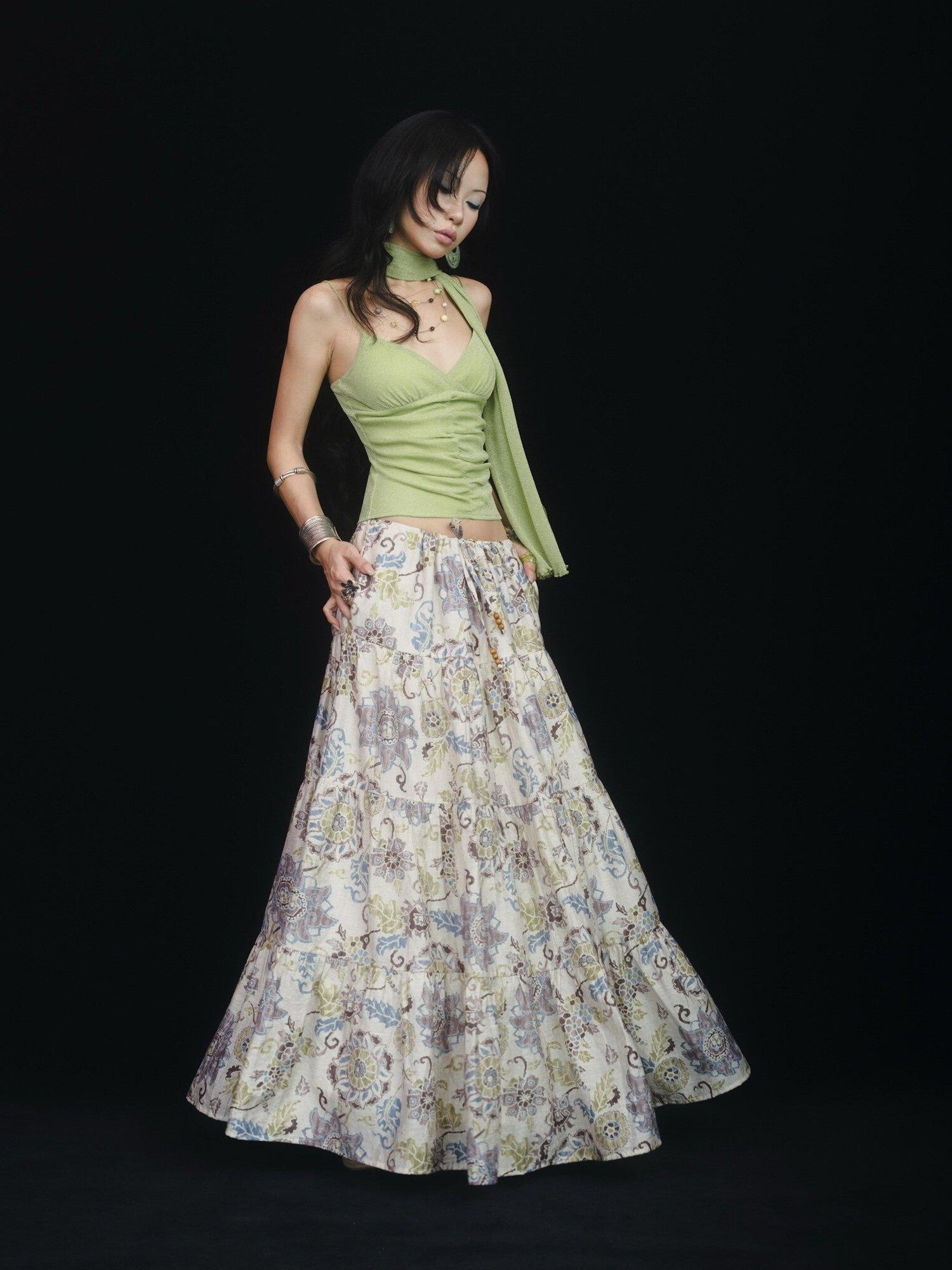 SCCREBEL Retro East Asian Patchwork Tie A Line Low Waist Women's Linen Maxi Skirts