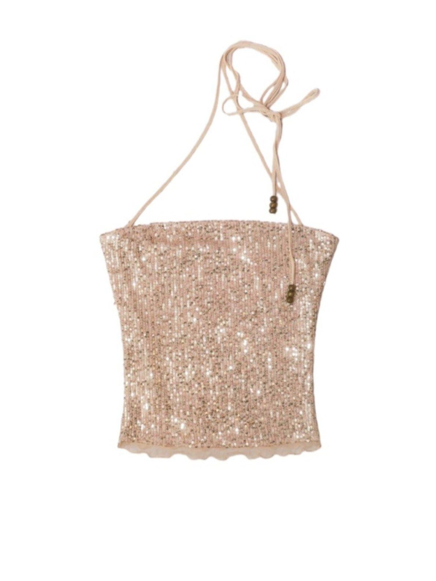 SCCREBEL Retro Sequin Lace Backless Tie Ruffle Women's Mesh Spandex Camisoles