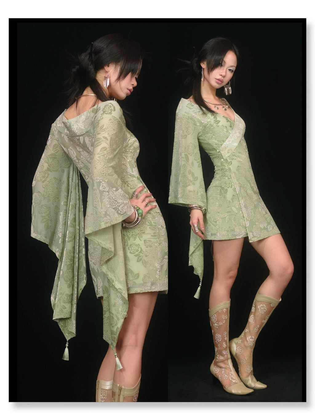 SCCREBEL Sage Rose Jacquard Tassel Women's Stretch Knit Off-shoulder Mini Dresses
