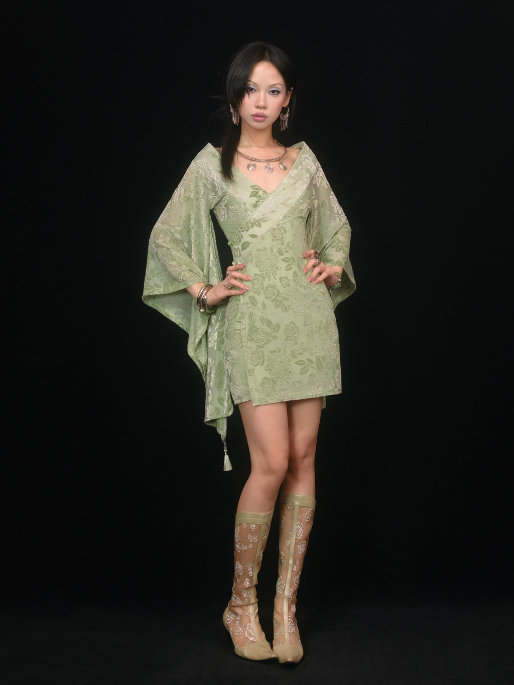 SCCREBEL Sage Rose Jacquard Tassel Women's Stretch Knit Off-shoulder Mini Dresses