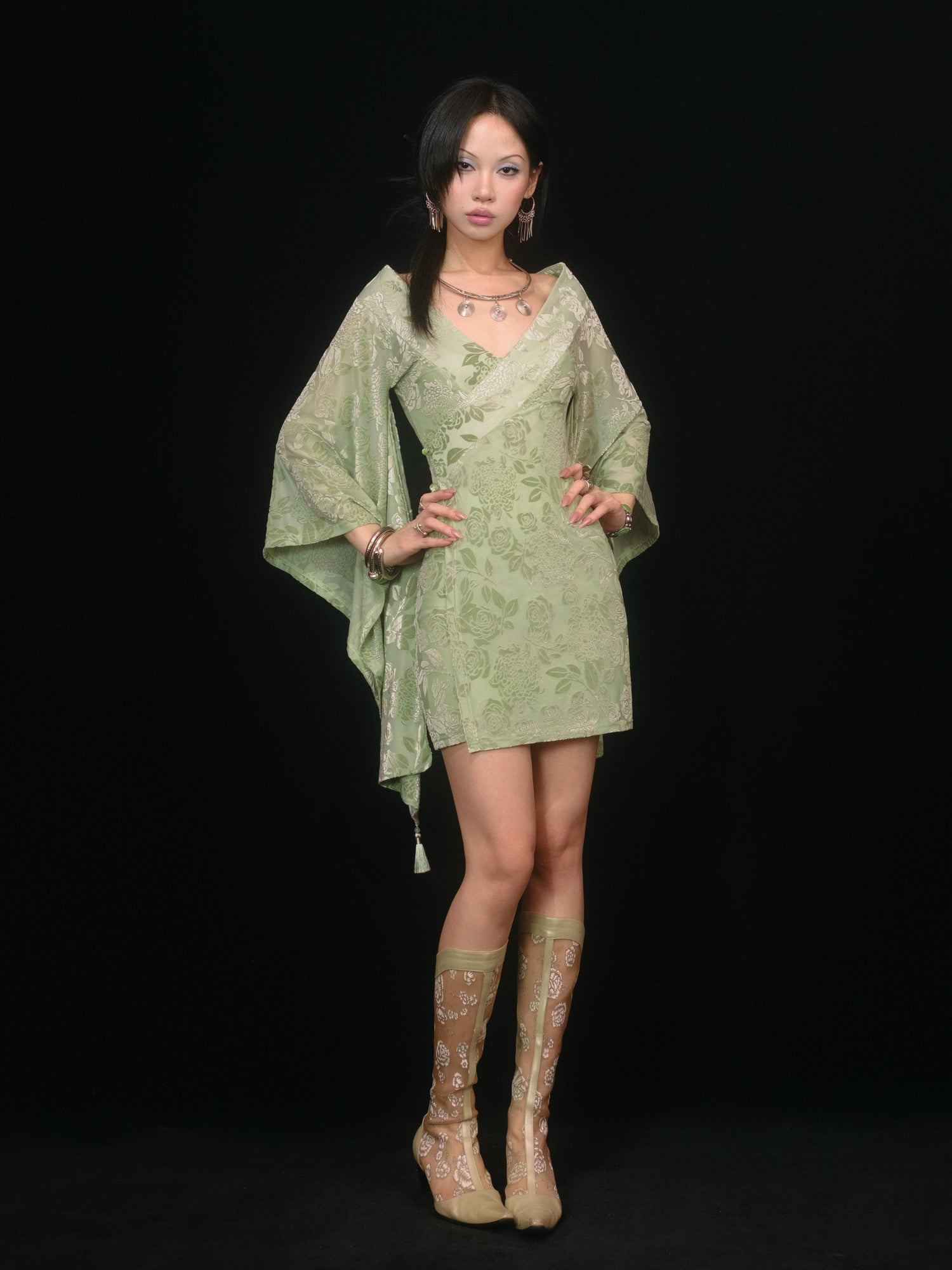 SCCREBEL Sage Rose Jacquard Tassel Women's Stretch Knit Off-shoulder Mini Dresses