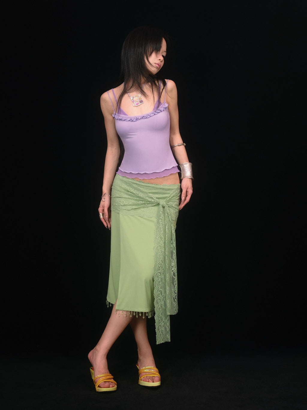 SCCREBEL Soft Mist Purple Faux Two Piece Lace Ruffle Women's Camisoles