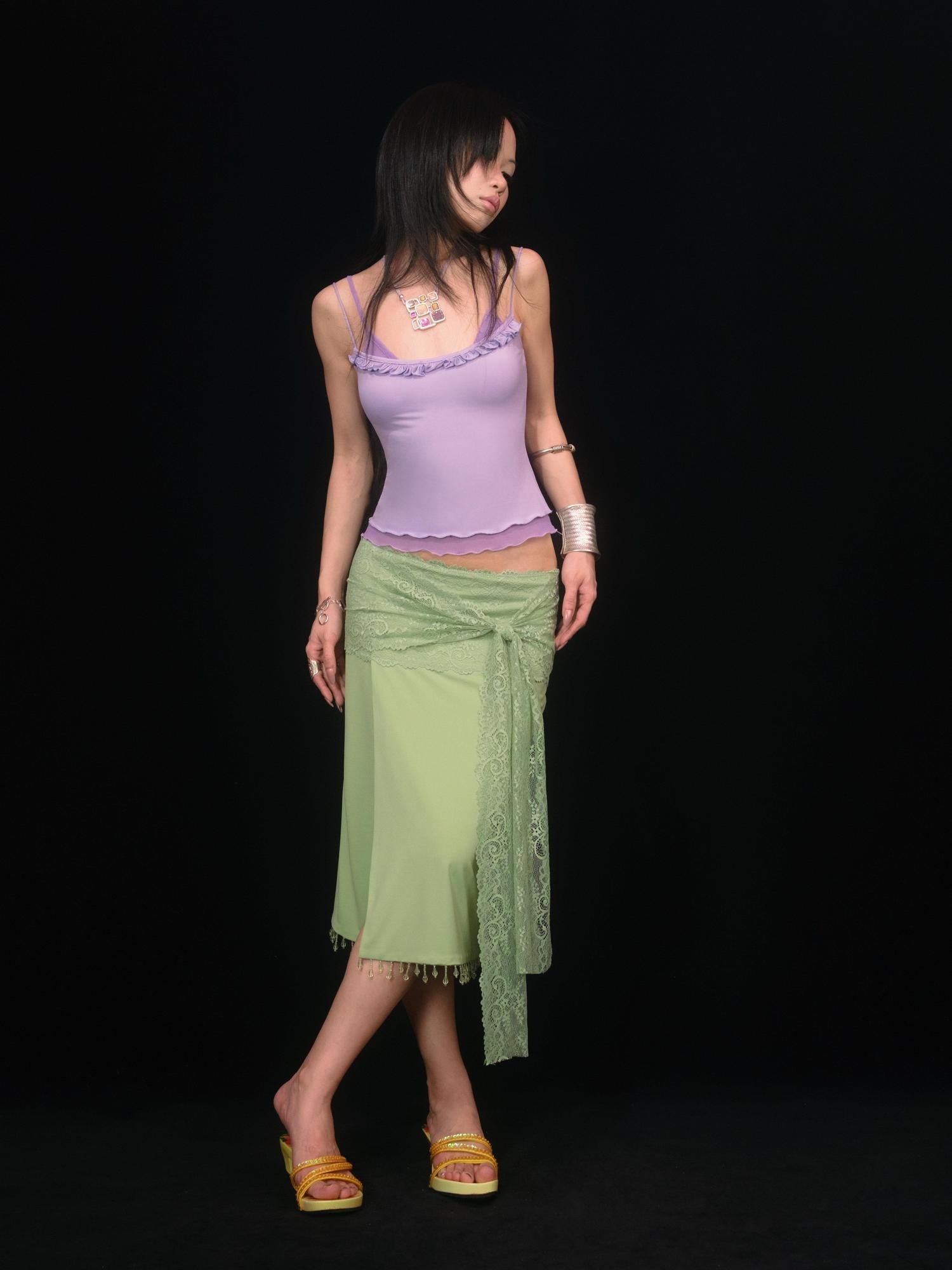SCCREBEL Soft Mist Purple Faux Two Piece Lace Ruffle Women's Camisoles