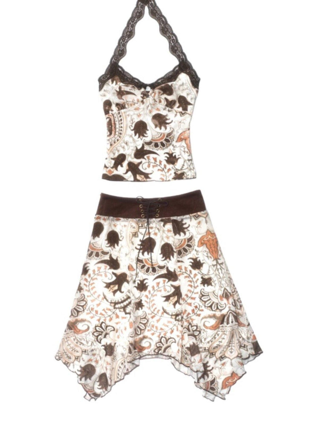 SCCREBEL Velvet Burnout Open Back Lace Tie Women's Asymmetrical Matching Skirt Sets