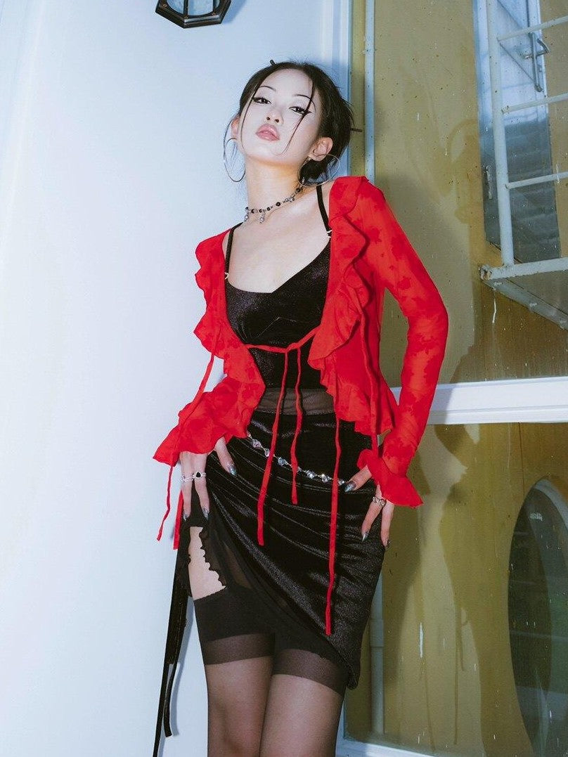 SCCREBEL Velvet Mesh Strappy Drawstring Asymmetric Women's Spandex Slip Midi Dresses