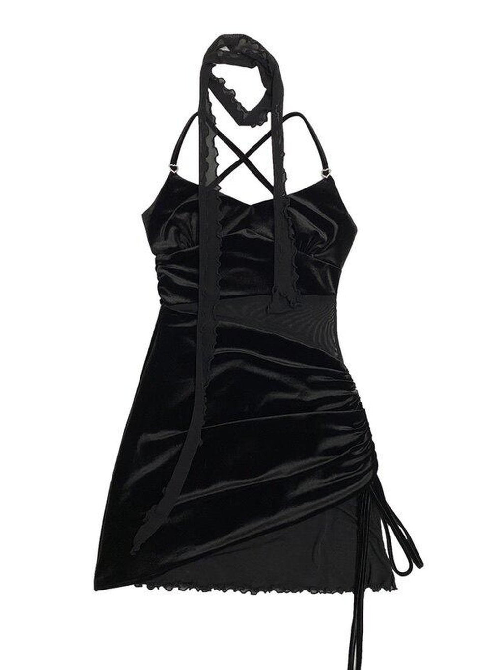 SCCREBEL Velvet Mesh Strappy Drawstring Asymmetric Women's Spandex Slip Midi Dresses